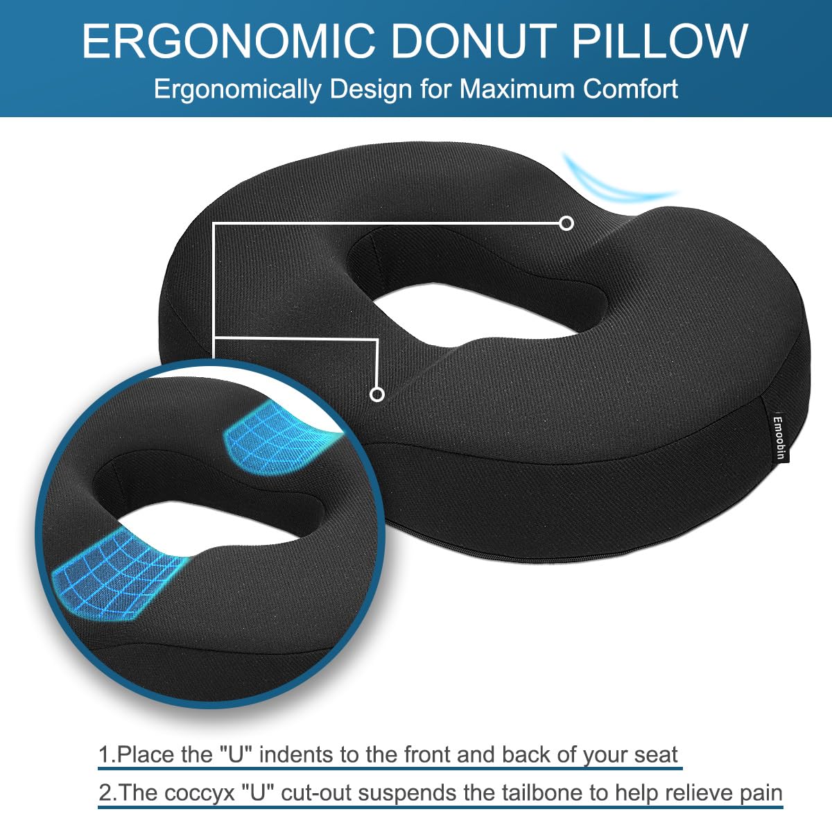 Emoobin Donut Pillow Memory Foam Seat Cushion for Office Chair, Car Seat and Wheelchair, 18 Inches Black