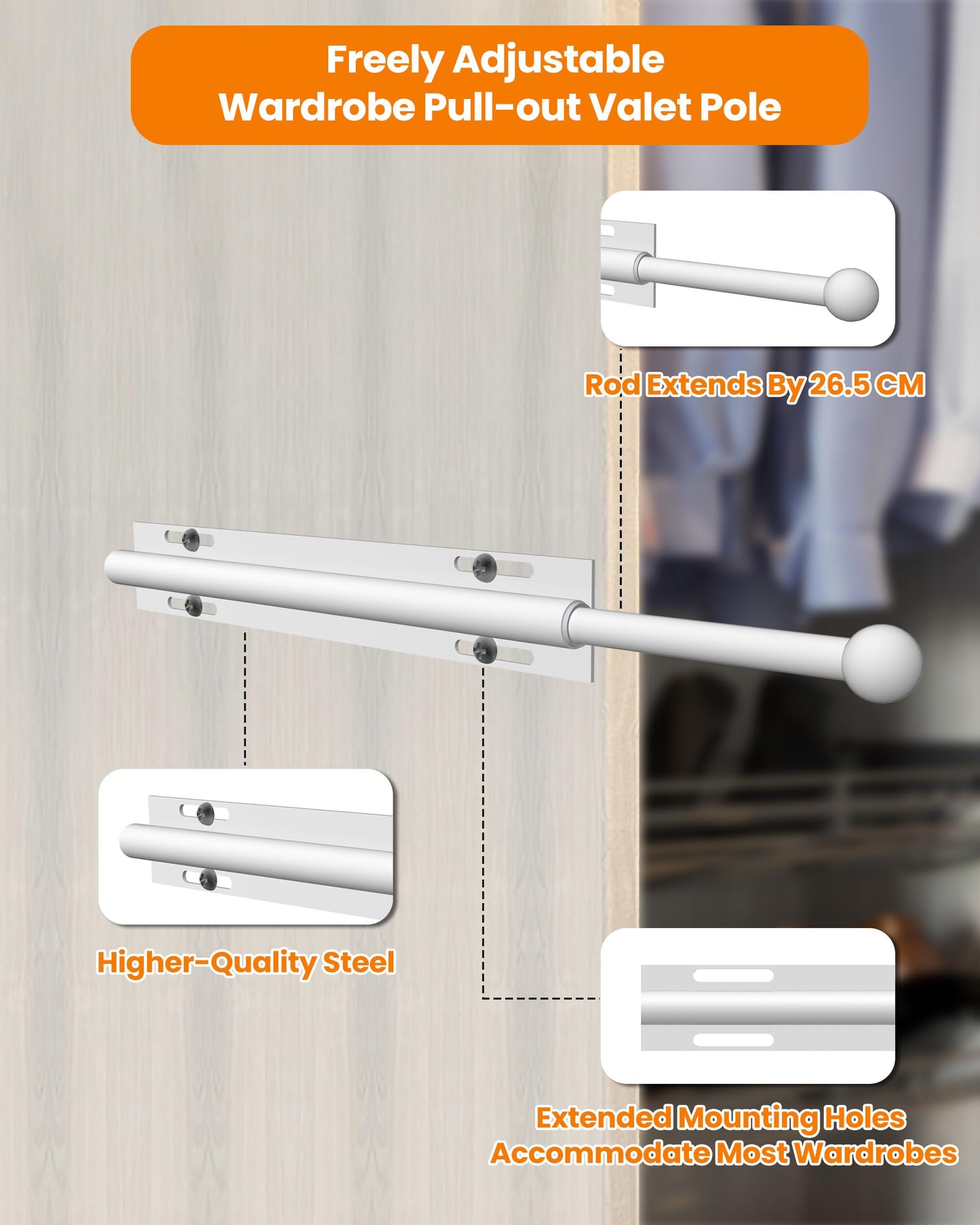 Widyana Telescopic Wardrobe Rail | Extendable Valet Rod for Clothes (12”) | Adjustable Pull-Out Hanging Rail for Suits & Next-Day Outfits, White