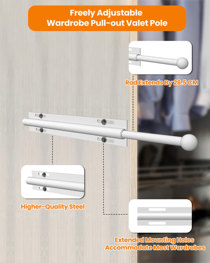 Widyana Telescopic Wardrobe Rail | Extendable Valet Rod for Clothes 12” | Adjustable Pull-Out Hanging Rail for Suits & Next-Day Outfits, White