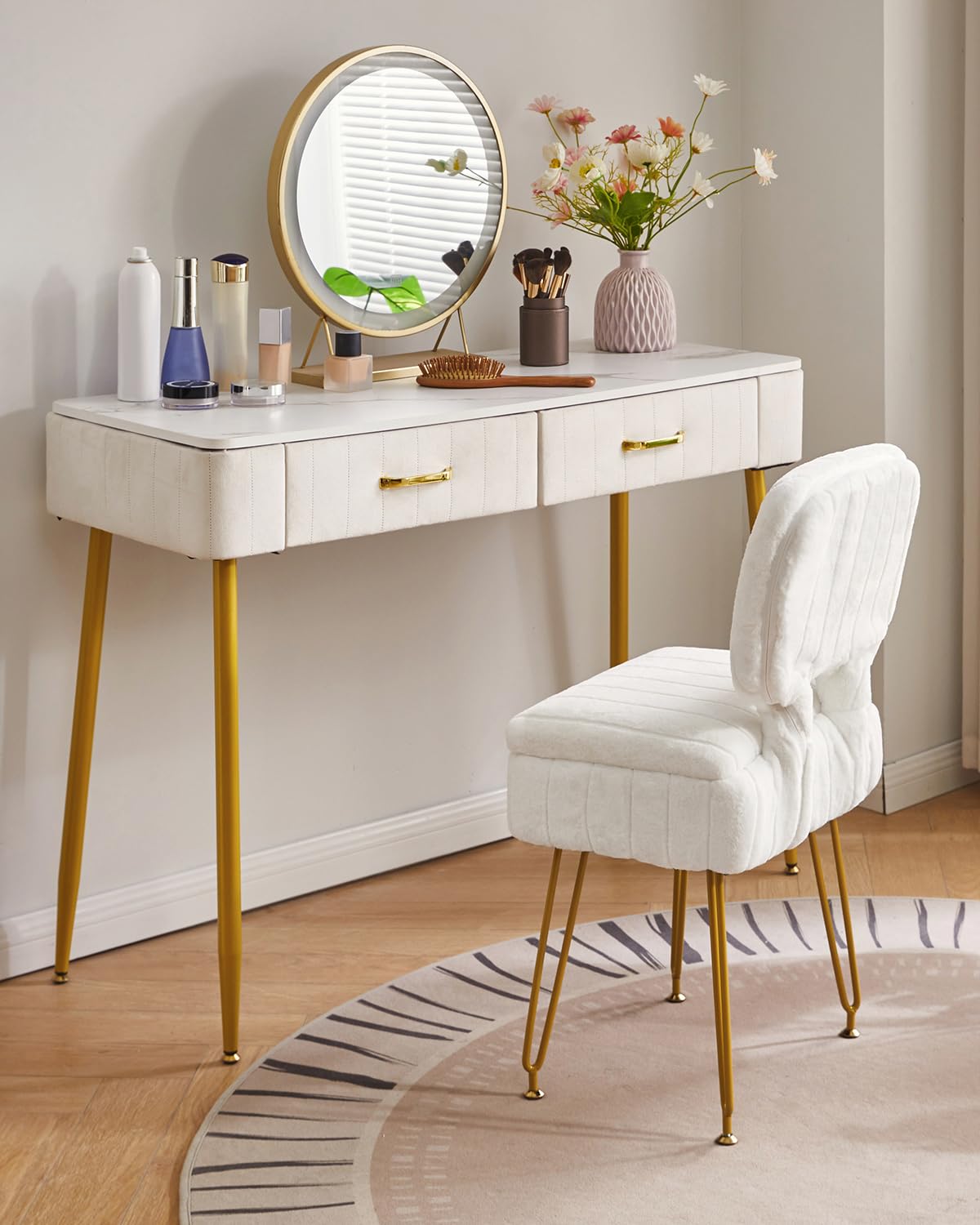 IBUYKE Vanity Stool with Storage, Folding Back Makeup Chair, White WBD030W