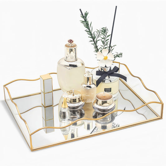 Perfume Tray, SLHEQING Gold Decorative Tray Vintage Mirror Rectangle Trays Glass Makeup Organiser for Vanity, Dresser, Bedroom, Coffee Table