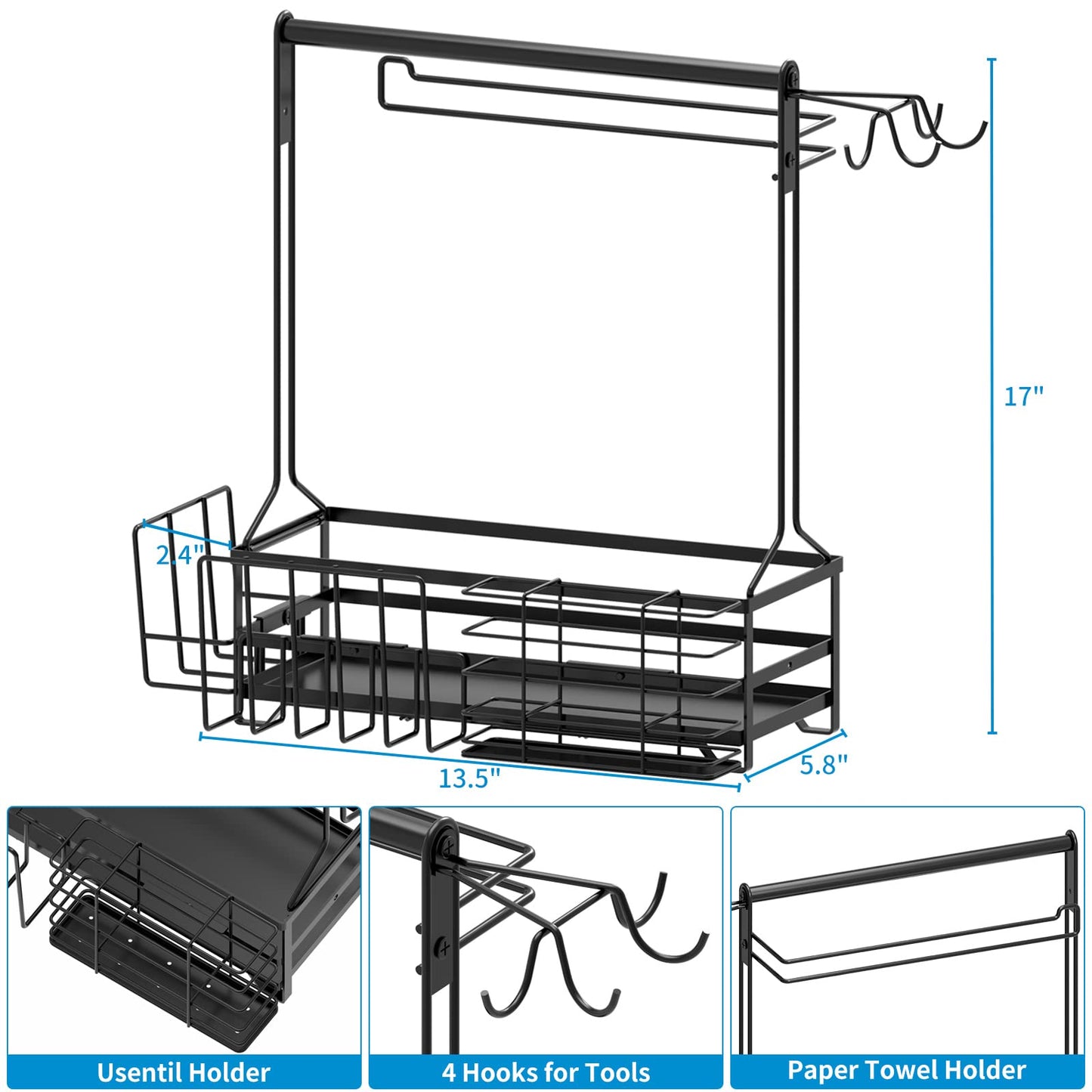 BBQ and Grill Caddy with Paper Towel Holder, Iron Steel Handle & 4 Hooks ? Camper Accessories Condiment Caddy ? Plates, Cutlery and BBQ Organizer for