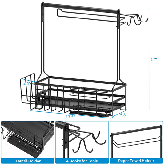 BBQ and Grill Caddy with Paper Towel Holder, Iron Steel Handle & 4 Hooks ? Camper Accessories Condiment Caddy ? Plates, Cutlery and BBQ Organizer for