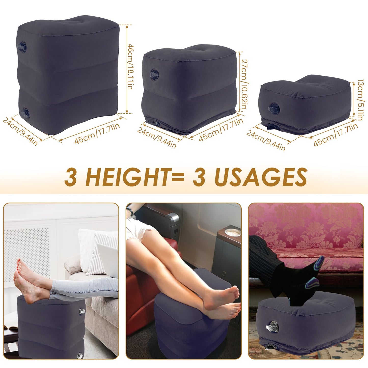 Airplane Footrest, Inflatable Foot Rest for Kids,3 Layer Height Adjustable Inflatable Airplane Foot, Toddlers Travel Bed Box