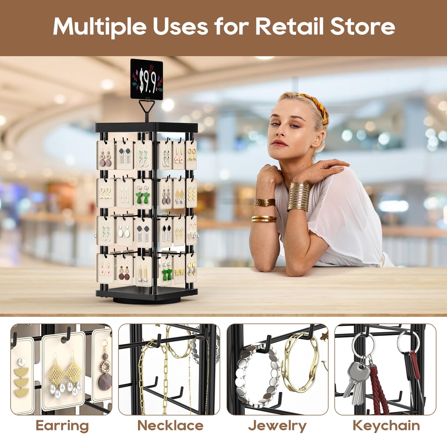 THYGIFTREE Rotating Earring Display for Vendors, Jewelry Display Stand for Selling, Necklace Display Stands Earring Cards for Selling Bracelets