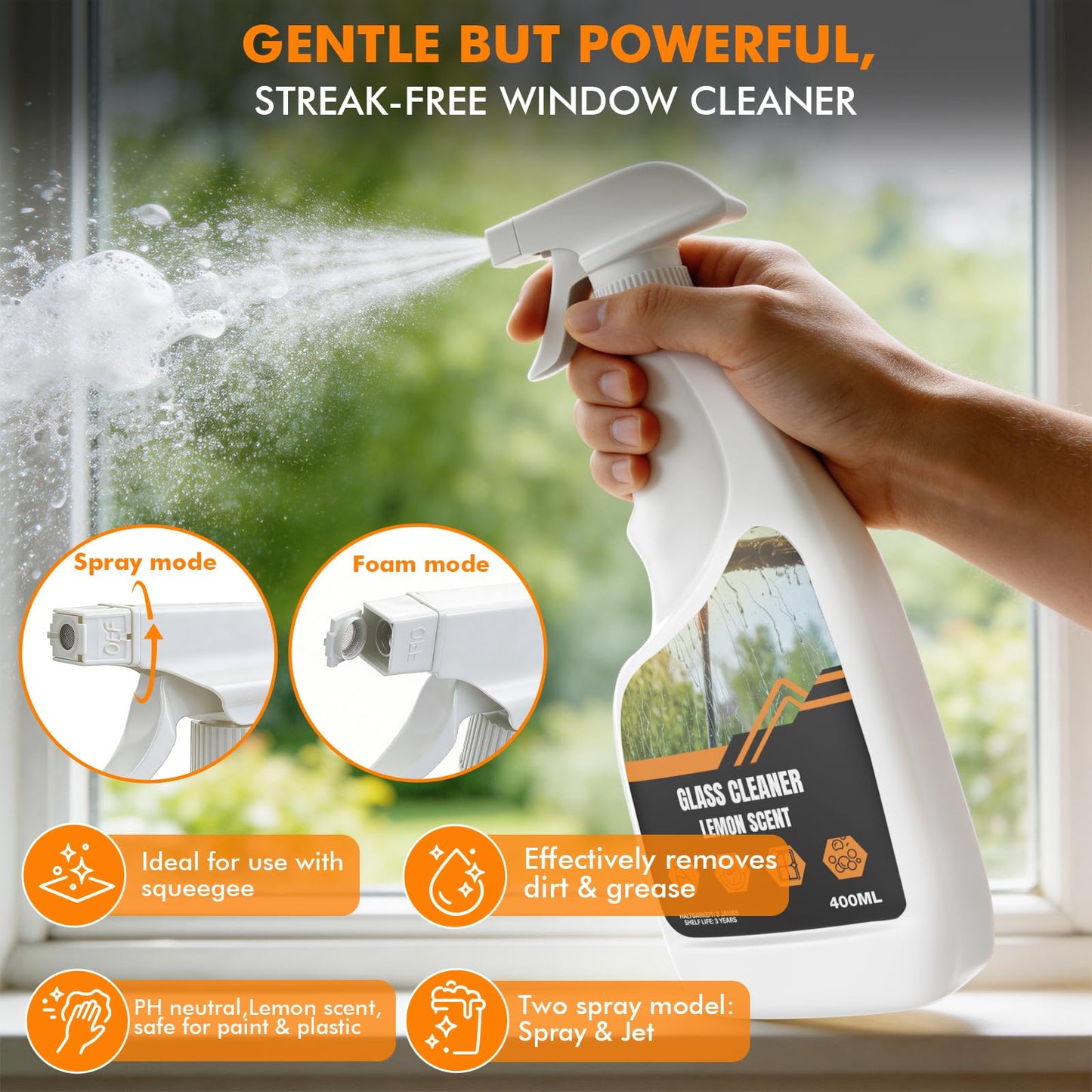 Window Cleaning Squeegee & Washer Set, 2-in-1 Window Cleaning Equipment with 4.5m(14.8Ft) Extendable Pole & 400ml Glass Cleaner,Streak-Free Cleaning