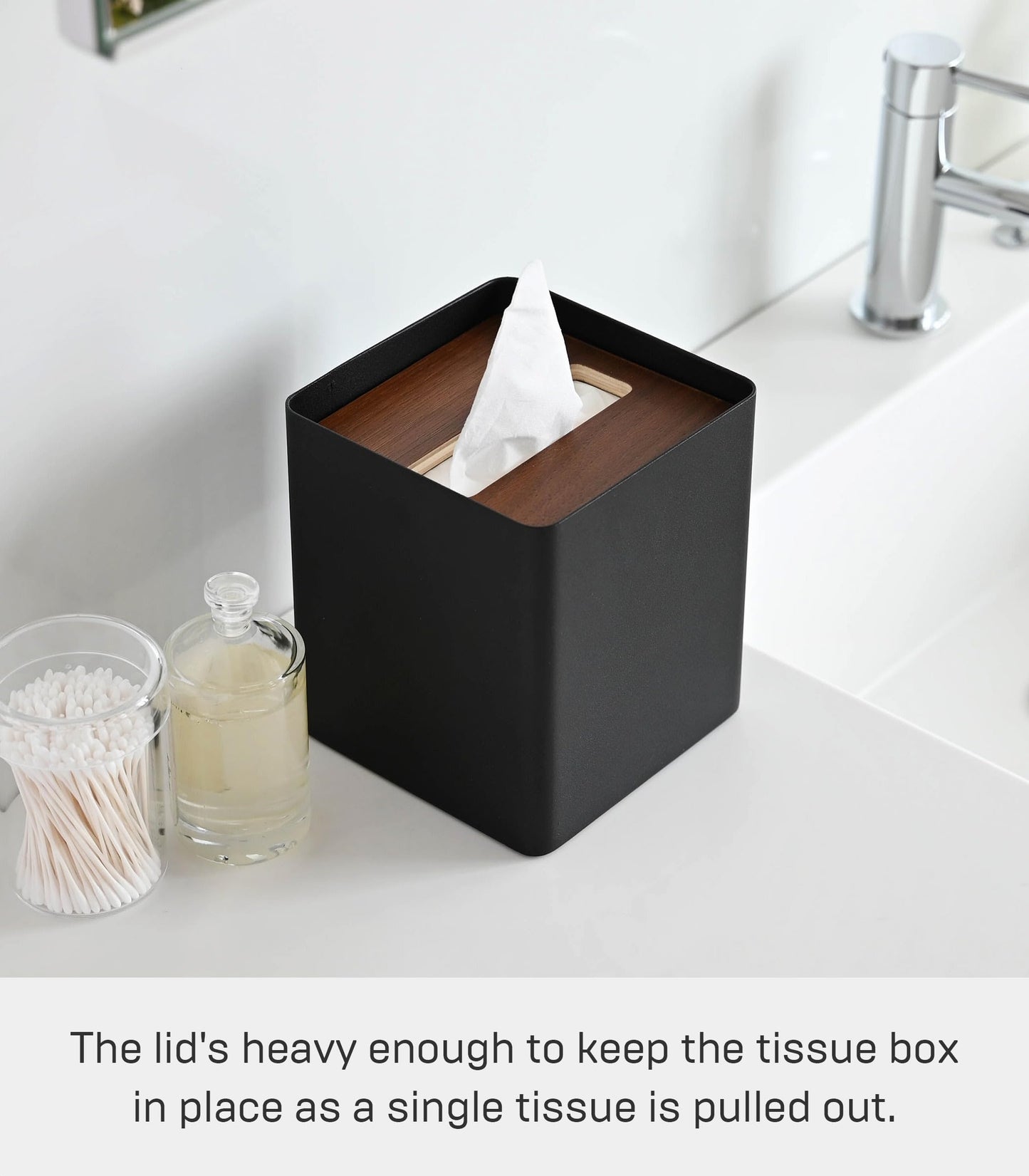 Yamazaki Home Rin Reusable Tissue Box Cover Metal Holder Container Case with Natural Wooden Lid - Steel