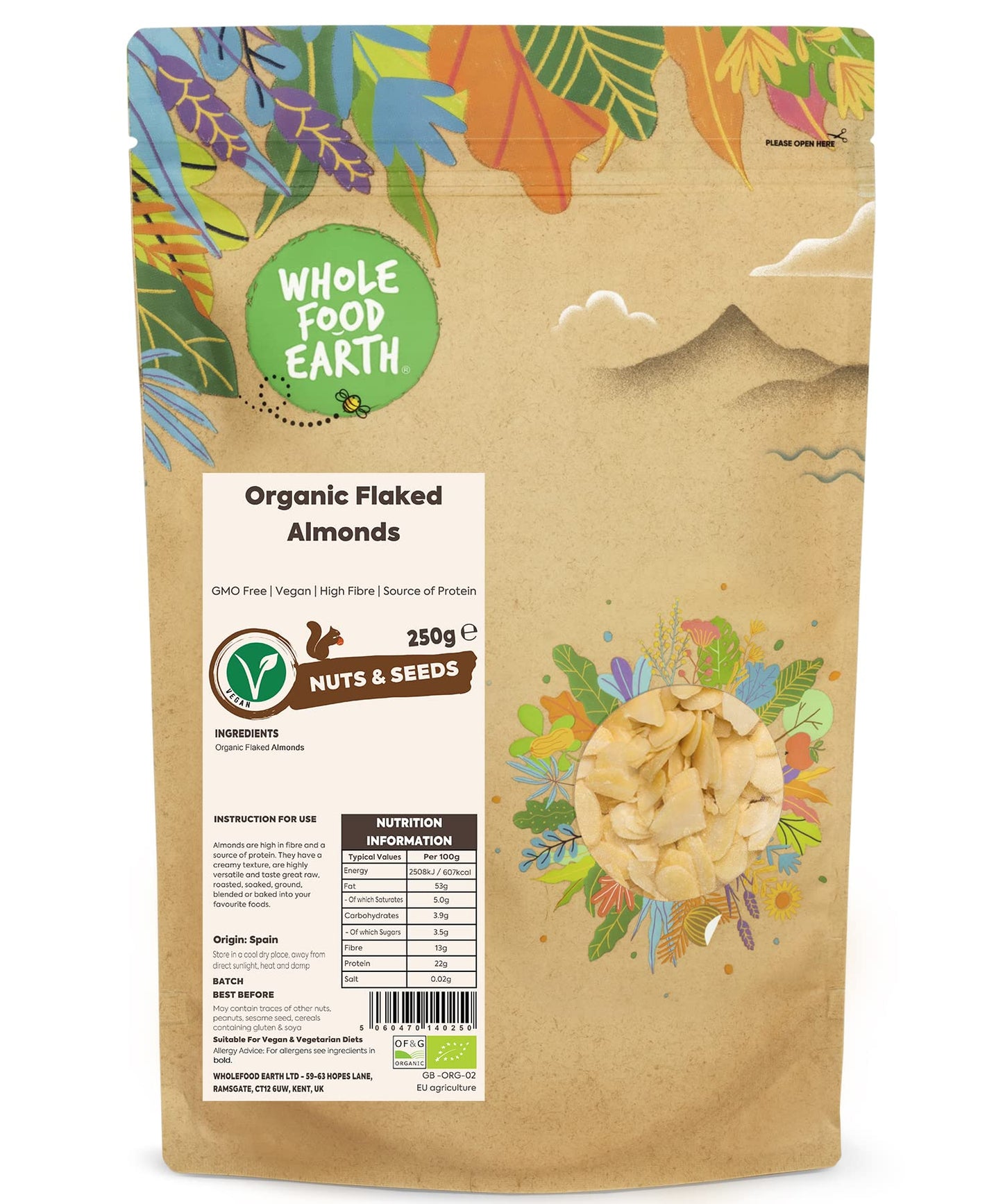 Wholefood Earth Organic Flaked Almonds ? 250g | GMO Free | Vegan | High Fibre | Source of Protein | Certified Organic