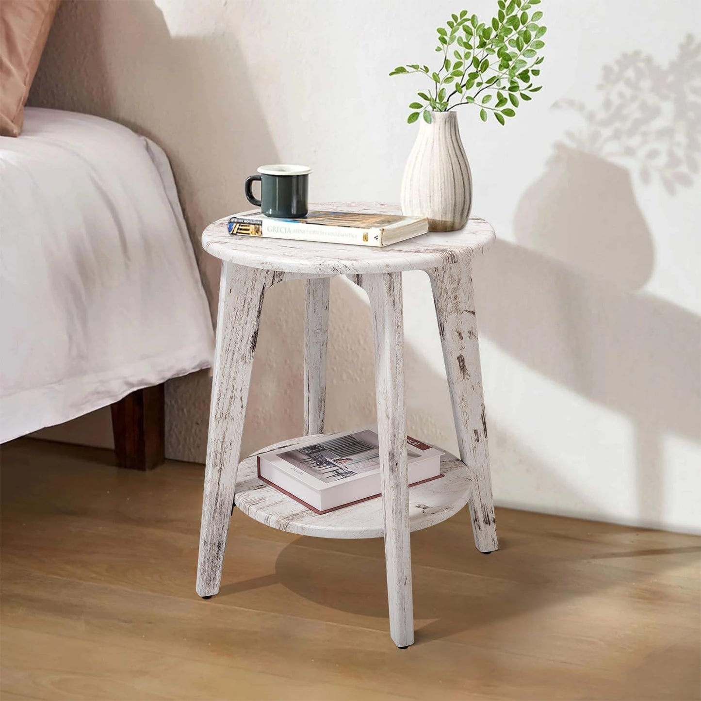 FEUFOAM Round Side Table White Wooden End Table with Lower Shelf Rustic Vintage Nightstand Beside Table Small Accent Tables for Living Room Bedroom