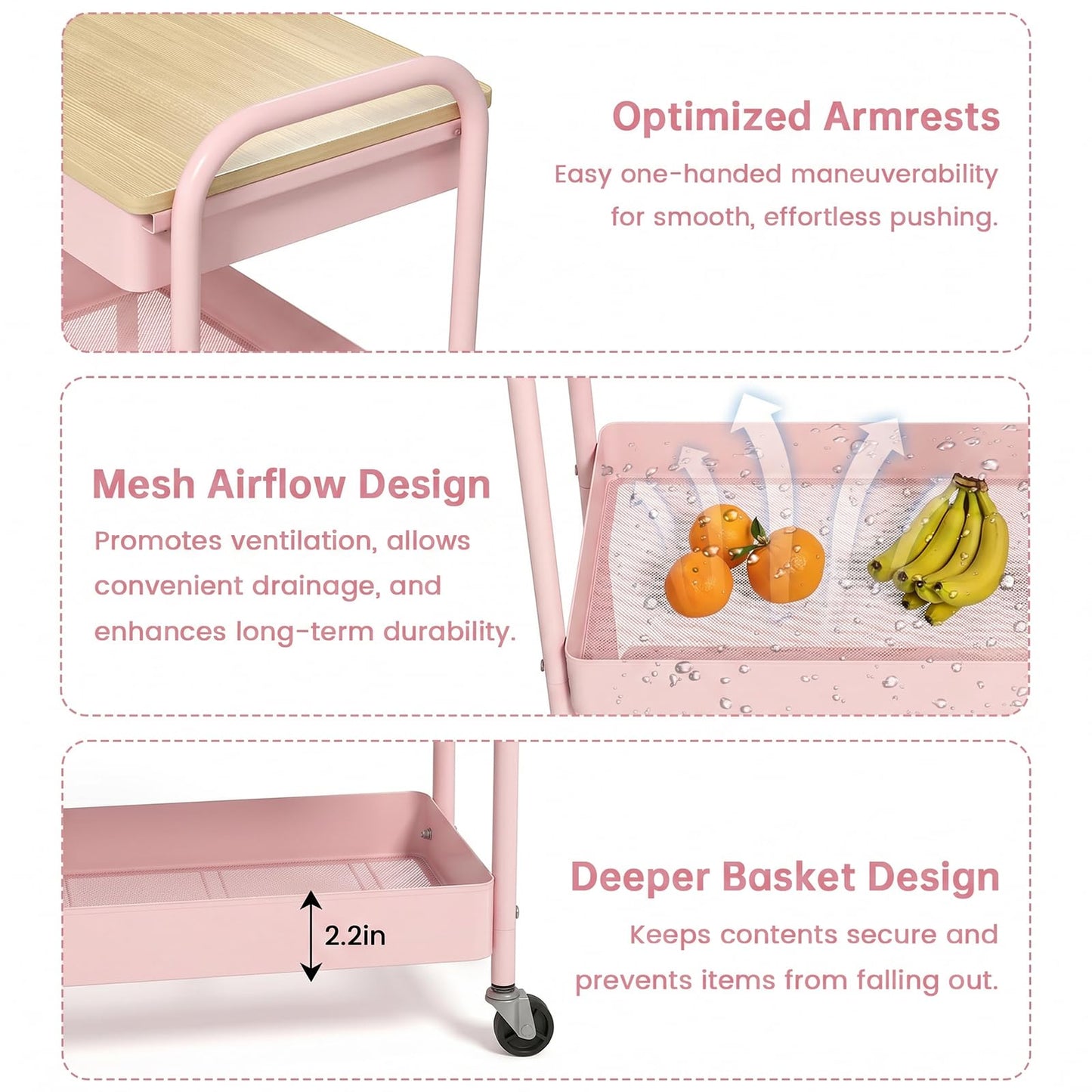danpinera 3 Tier Rolling Cart, Metal Utility Cart with Wooden Table Top & Drawer, Rolling Carts, Storage Cart with Hanging Cups for Kitchen, Bathroom