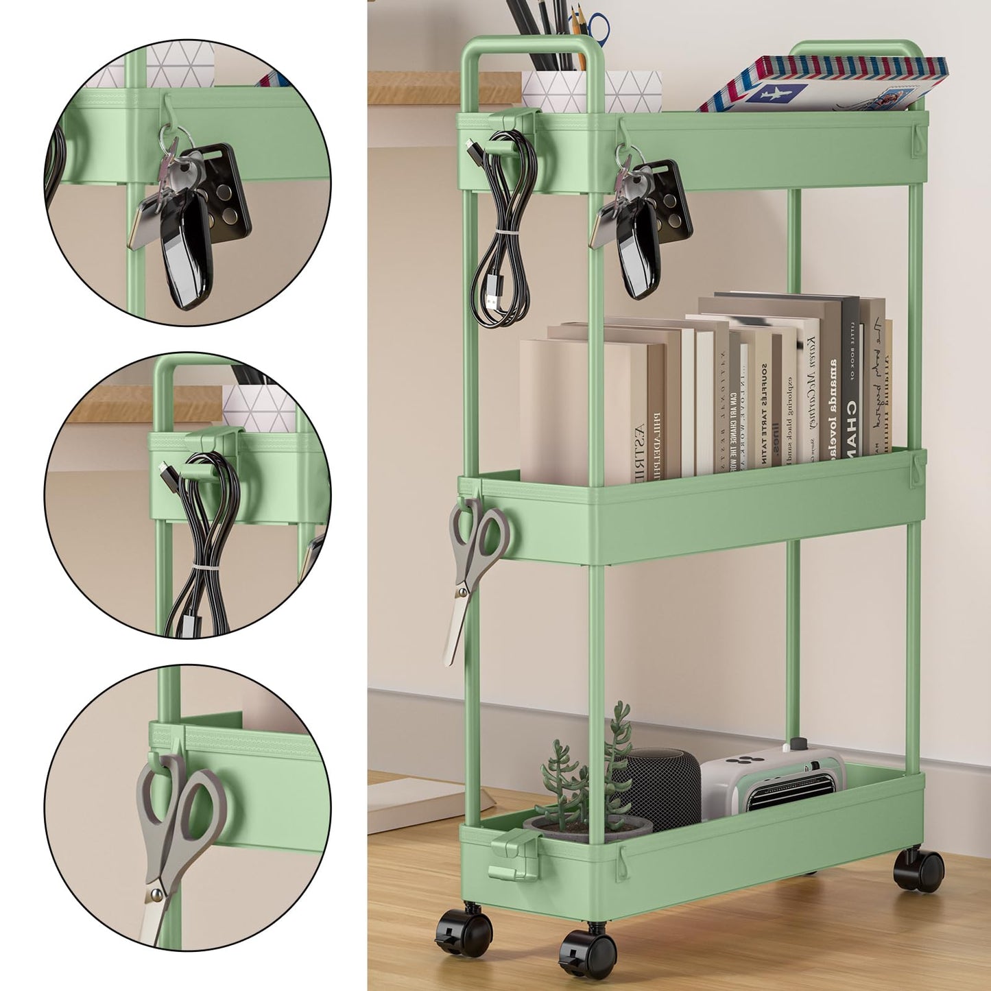 SOLEJAZZ 3-Tier Storage Trolley Cart Slide-out Slim Rolling Utility Cart Mobile Storage Shelving Organizer for Kitchen, Bathroom, Laundry Room