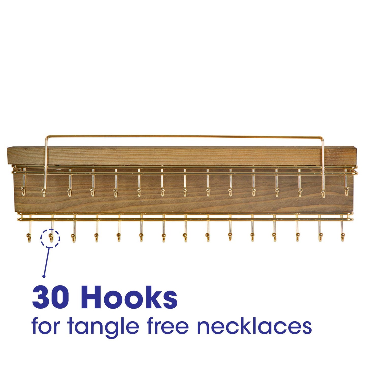 J JACKCUBE DESIGN Rustic Wood Wall Mounted Jewelry Organizer with 30 Gold Metal Hooks Display Shelf Storage for Necklaces, Bracelets, Earrings