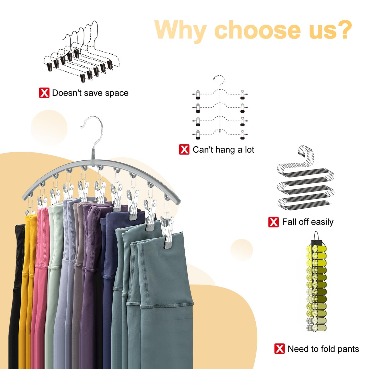 Volnamal Leggings Organiser, Metal Yoga Pants Hangers with Rubber Coating, 4 Pack 10 Clips for 40 Leggings Space Saving Hanging Closet Organizer Grey