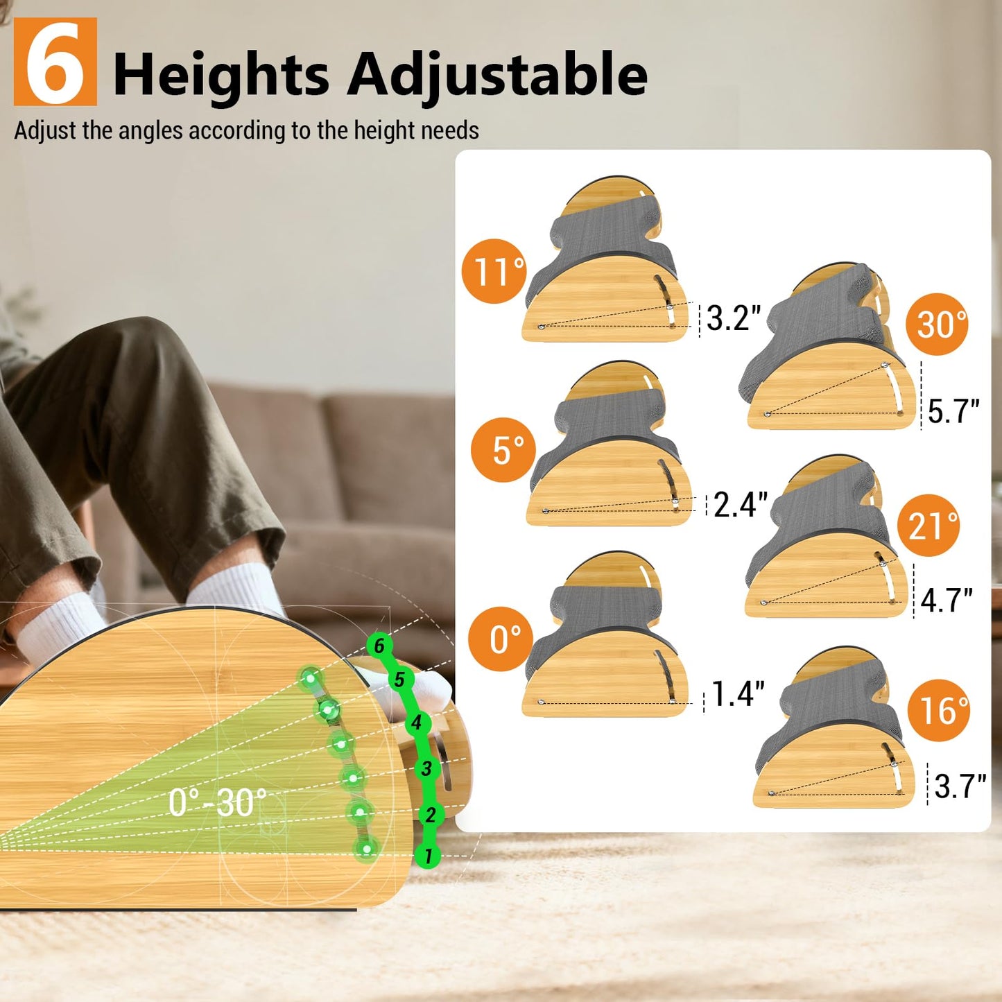 3-in-1 Under Desk Foot Rest, Adjustable Ergonomic Footrest for Office & Home, Bamboo Foot Stool with 6 Heights,Rocking & Cushion Modes