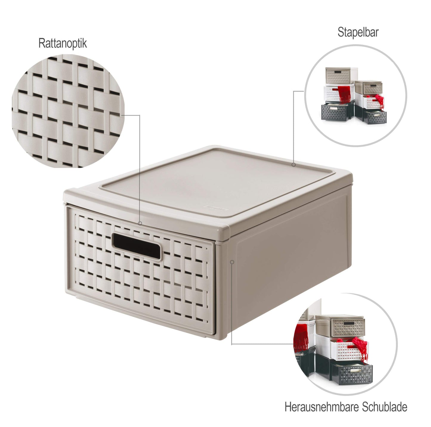 Rotho, Country, Drawer box 8.3 l in rattan-look, Plastic (PP) BPA-free, cappuccino, klein/8,3l (35,0 x 26,0 x 14,5 cm)