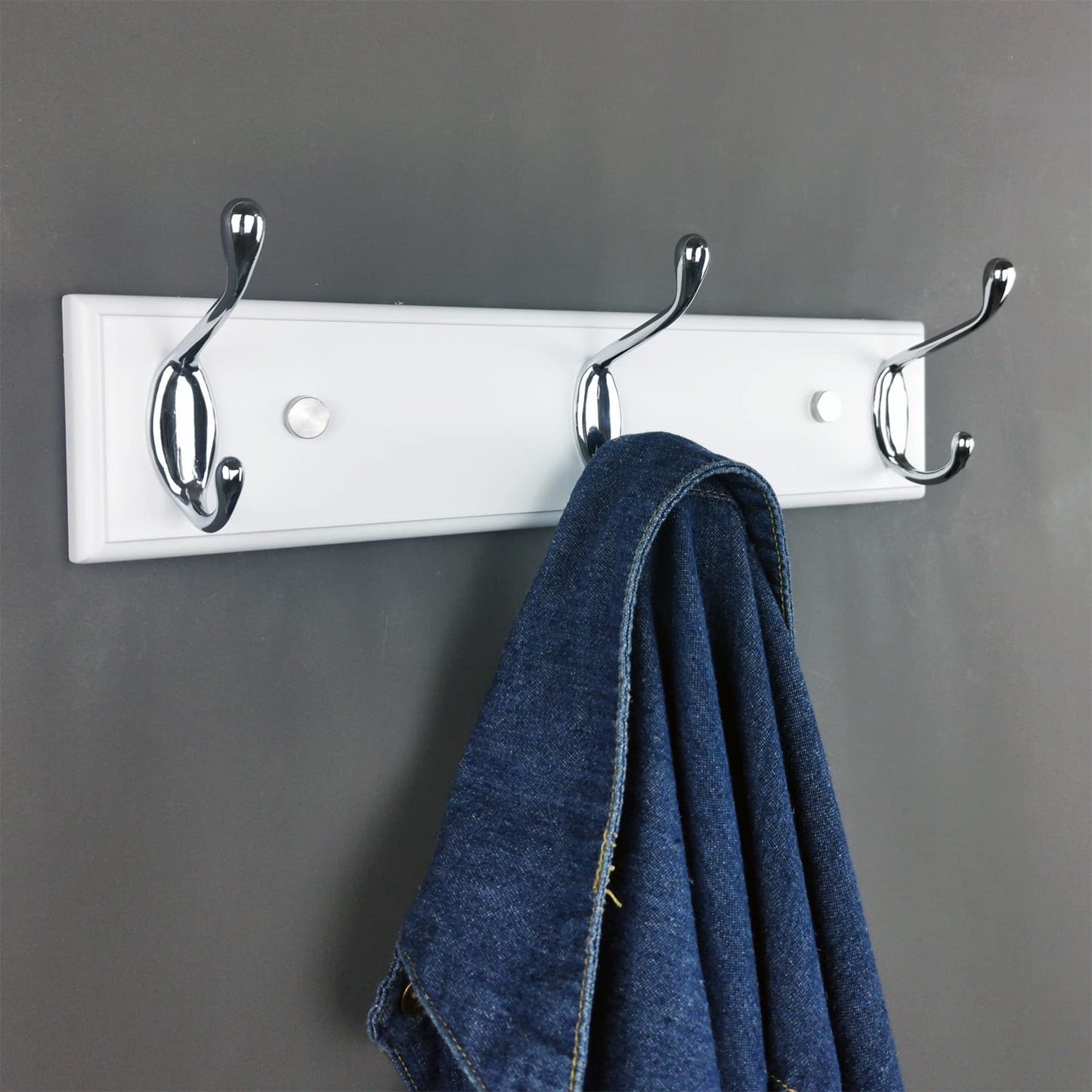 Lomejii Wooden Wall Coat Rack with 3 Silver Hooks, 31 cm, Strong Hook Rail for Hat, Bag, Large Modern Coat Rack for Entrance, Hallway, Bedroom, White