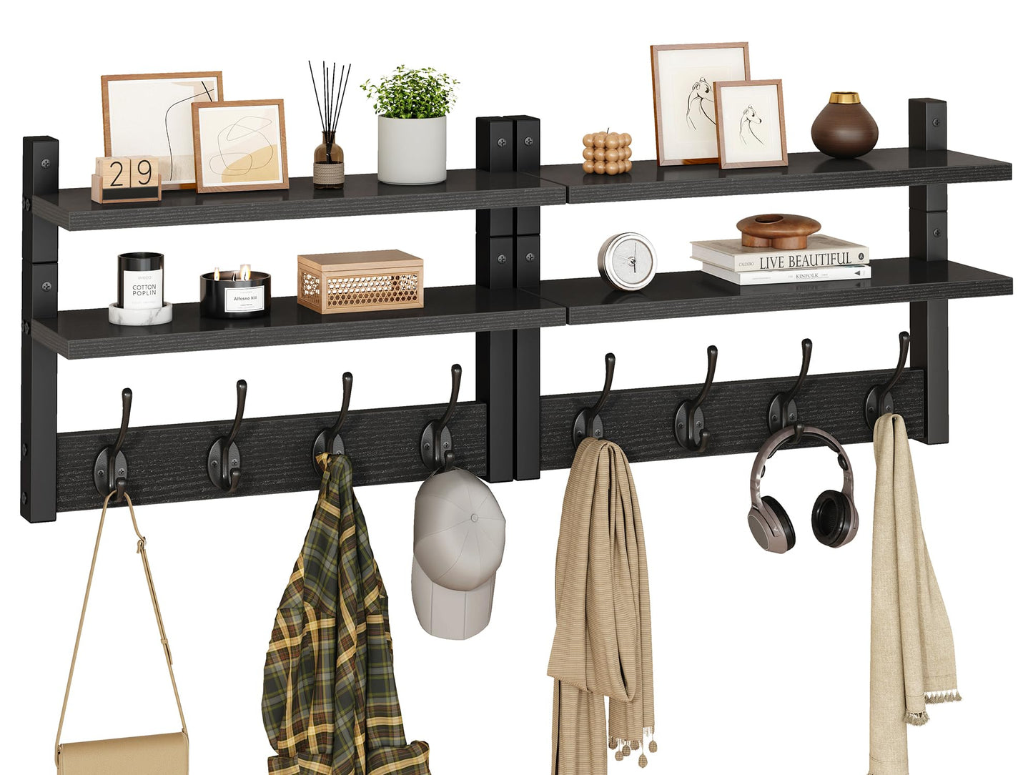 YMYNY 2-Tier Coat Hooks Wall Mounted with Shelf, Black HWS009B-2