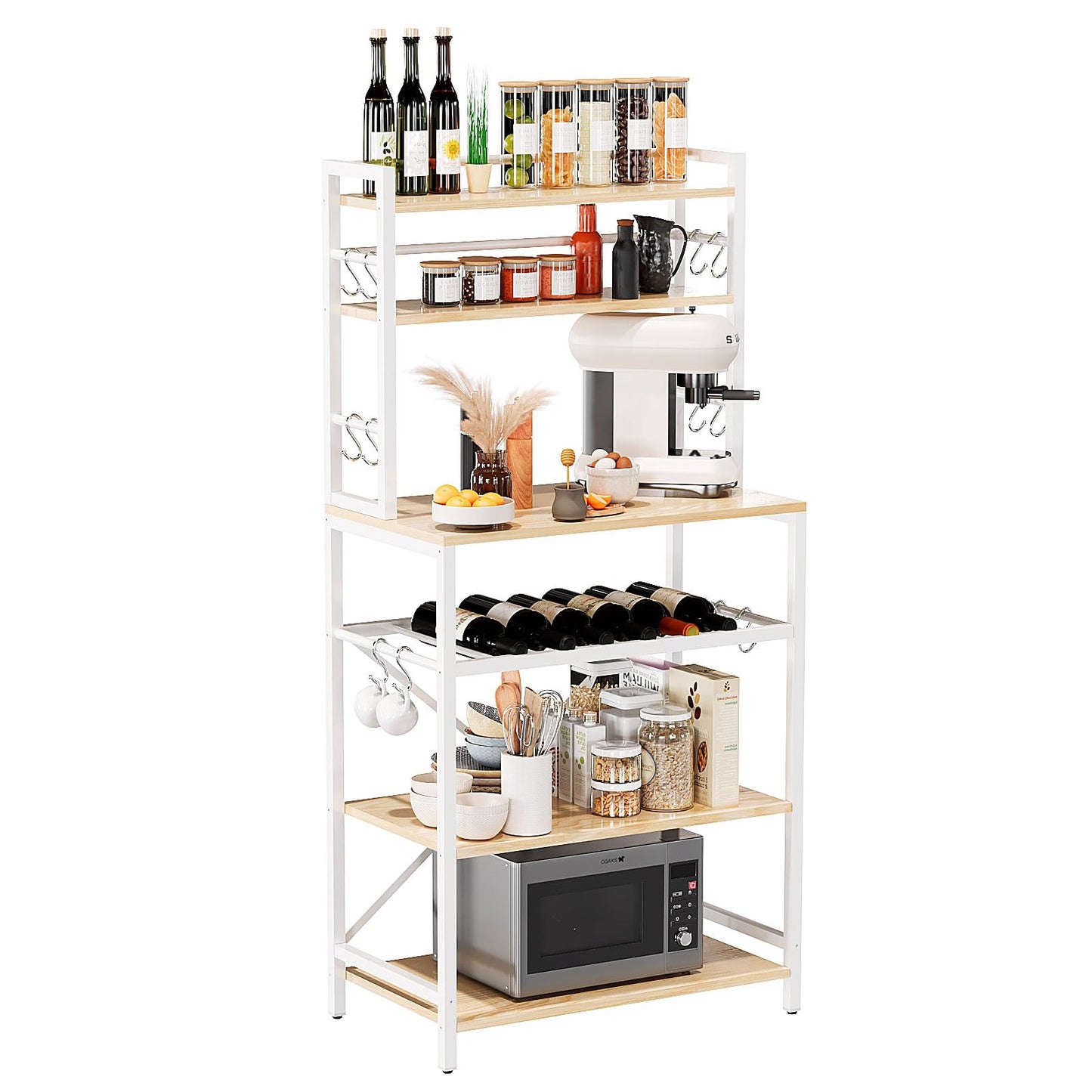 YMYNY Kitchen Baker's Rack, Microwave Oven Stand with Storage Shelves, Industrial Coffee Bar Station, with Adjustable Wine Holders and 12 S-Hooks