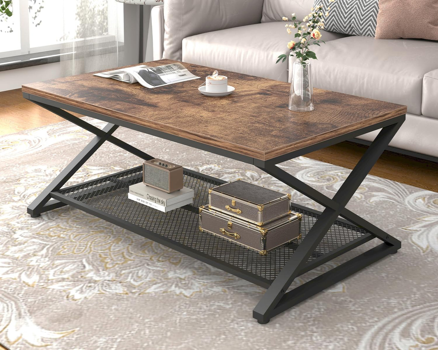 LVB Coffee Table for Living Room Coffee Tables Storage 100cm Rustic Brown