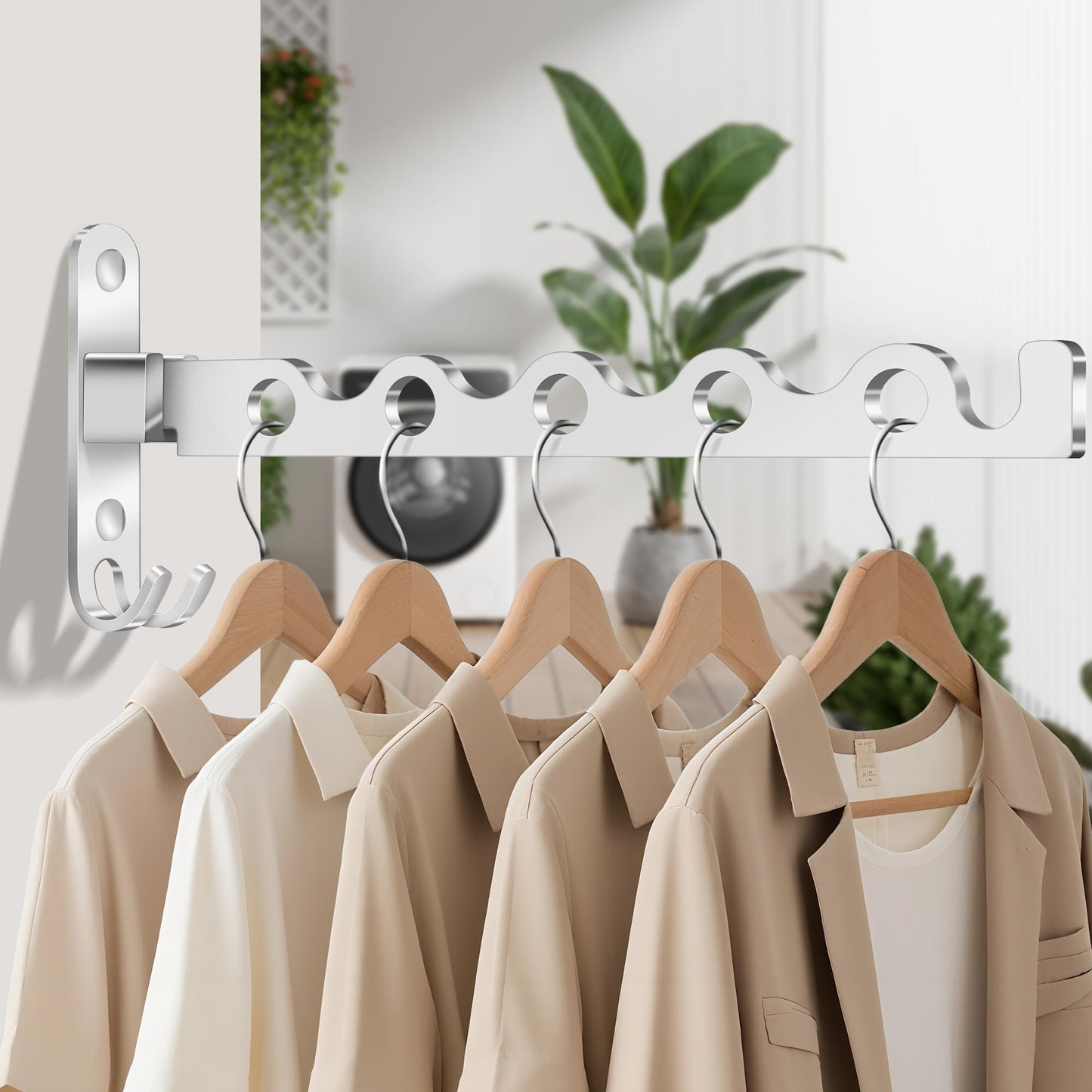 MEIJO Wall-Mounted Clothes Rack Silver, Foldable Wall Mounted Clothes Rail, 90° Rotation Heavy Duty Wall Clothing Drying Rack Wall Coat Rack for