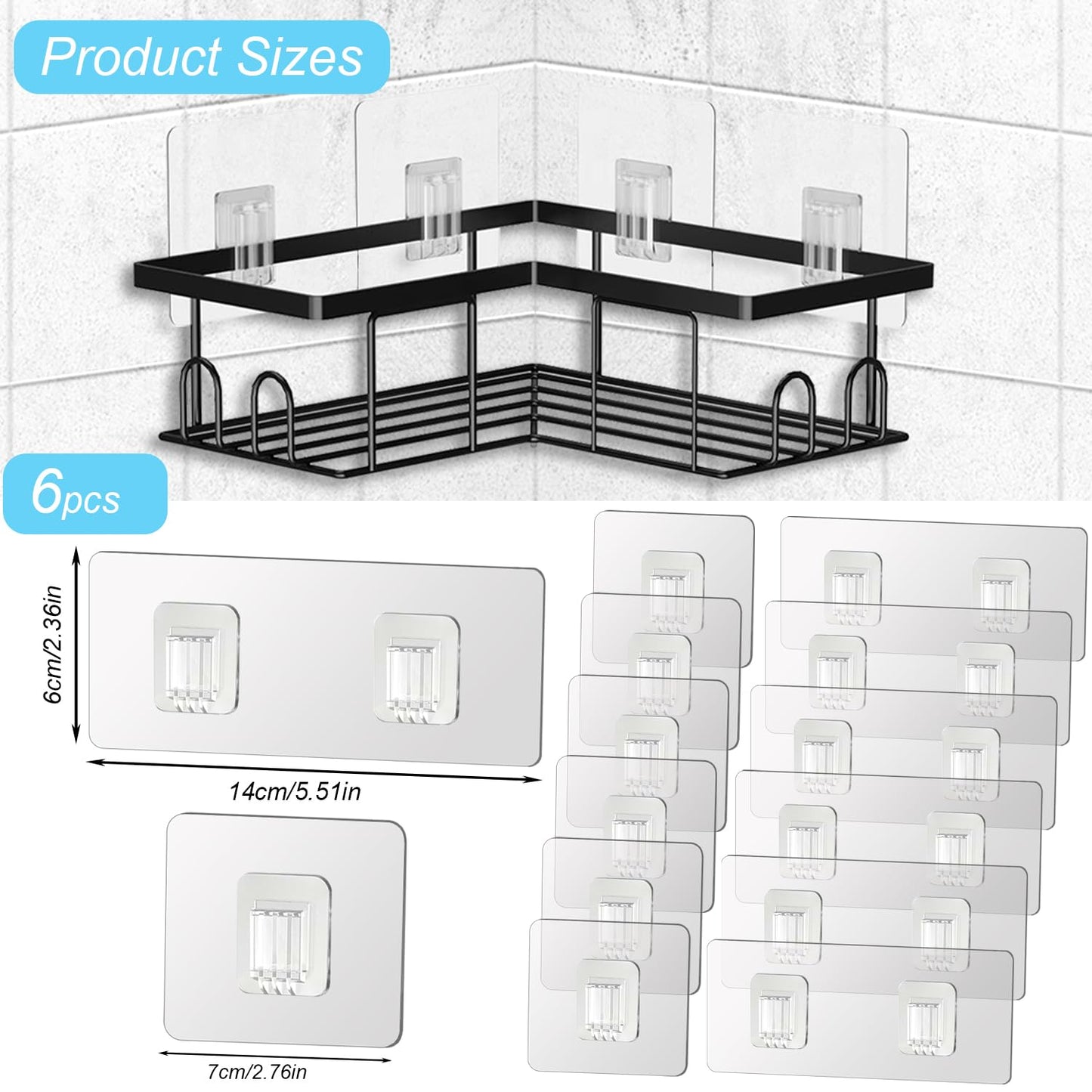 SUBTAVIK 12 Pcs Shower Caddy Adhesive Hooks Replacement, Transparent Sticky Hooks for Bathroom Kitchen (for Metal Strip Shower Caddy)