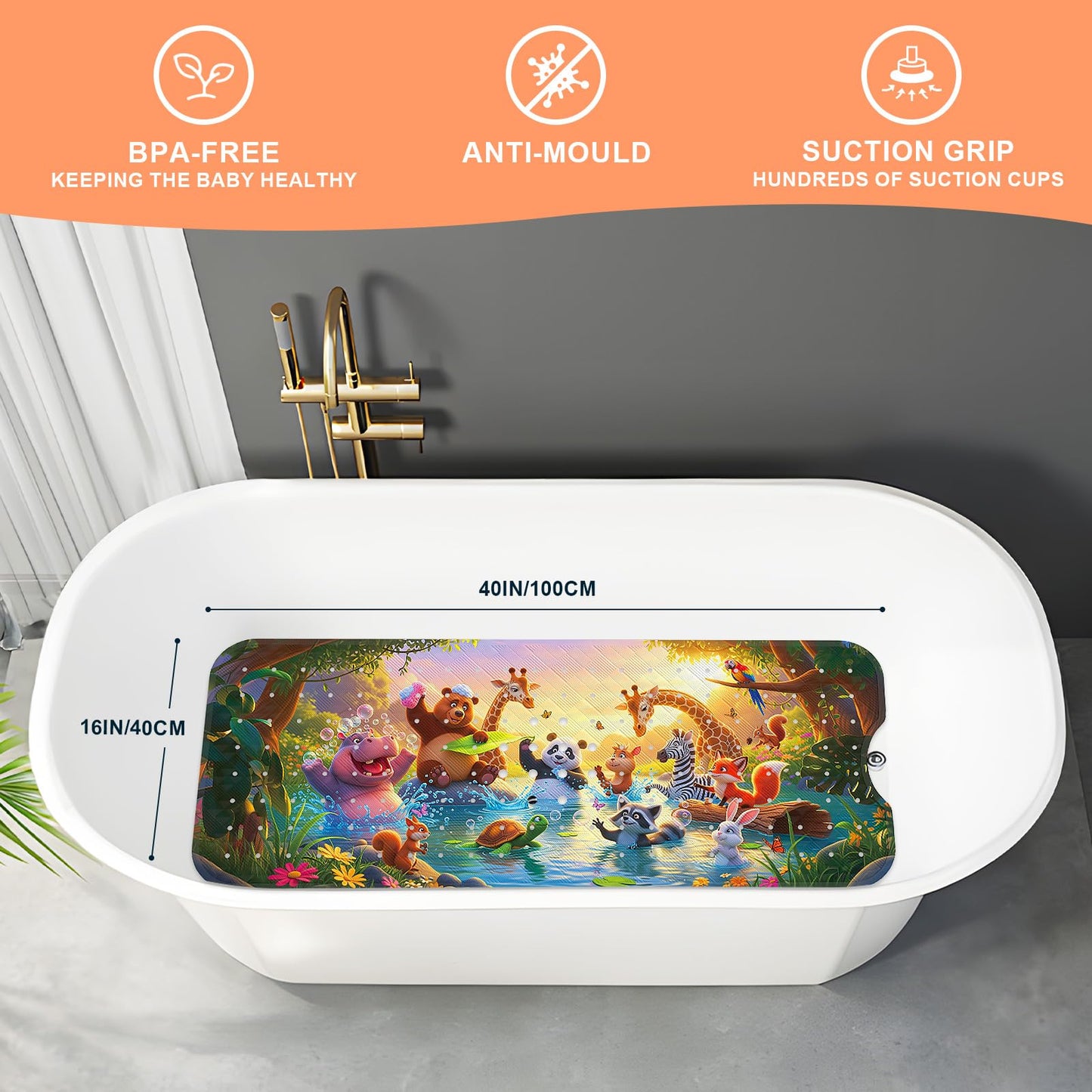 XIYUNTE Baby Bath Mat Non Slip Anti Mould Kids - 100x40cm Extra Long Anti Slip Bathtub Mat Machine Washable