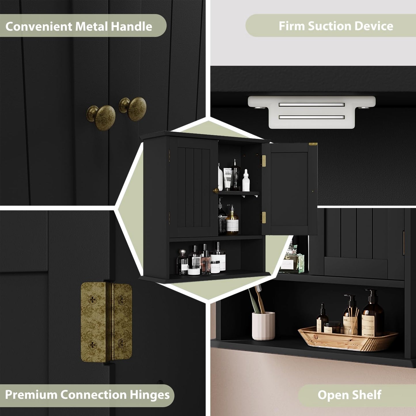 Smuxee Black Bathroom Cabinet, 2-Door Wall Mounted Medicine Cabinet with 5 Adjustable Shelves, 21.5L x 7.8W x 23.6H in., Bathroom Storage