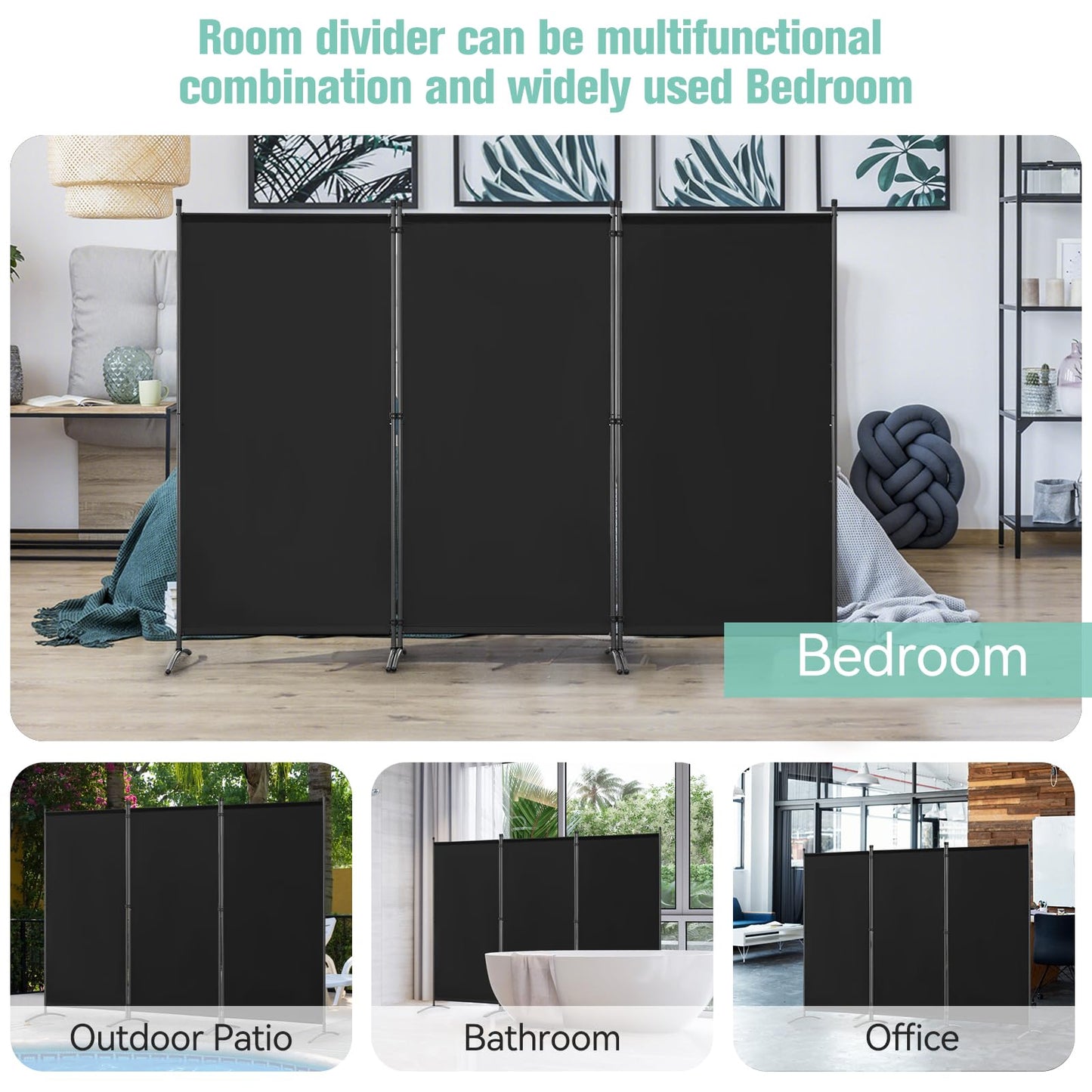 Angel Living 3 Panels Folding Room Divider | Privacy Screen with Polyester Fabric & Sturdy Iron Frame | Freestanding Partition for Office, Bedroom