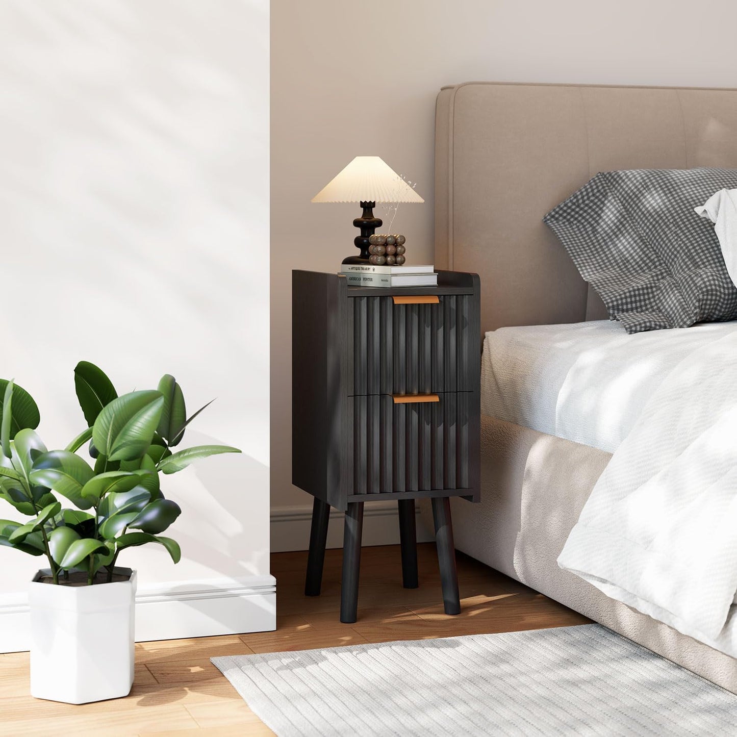 IBUYKE 22.5CM Slim Bedside Table with 2 Drawer,Black WNS015B