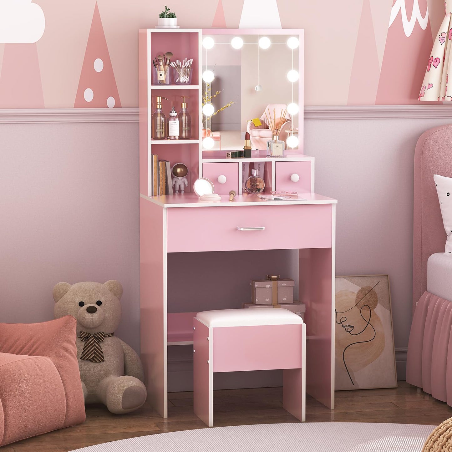 ANCOLOV Dressing Table with Mirror and Stool, 10 LED Light Bulbs Vanity Desk with Storage Shelves & 3 Drawers