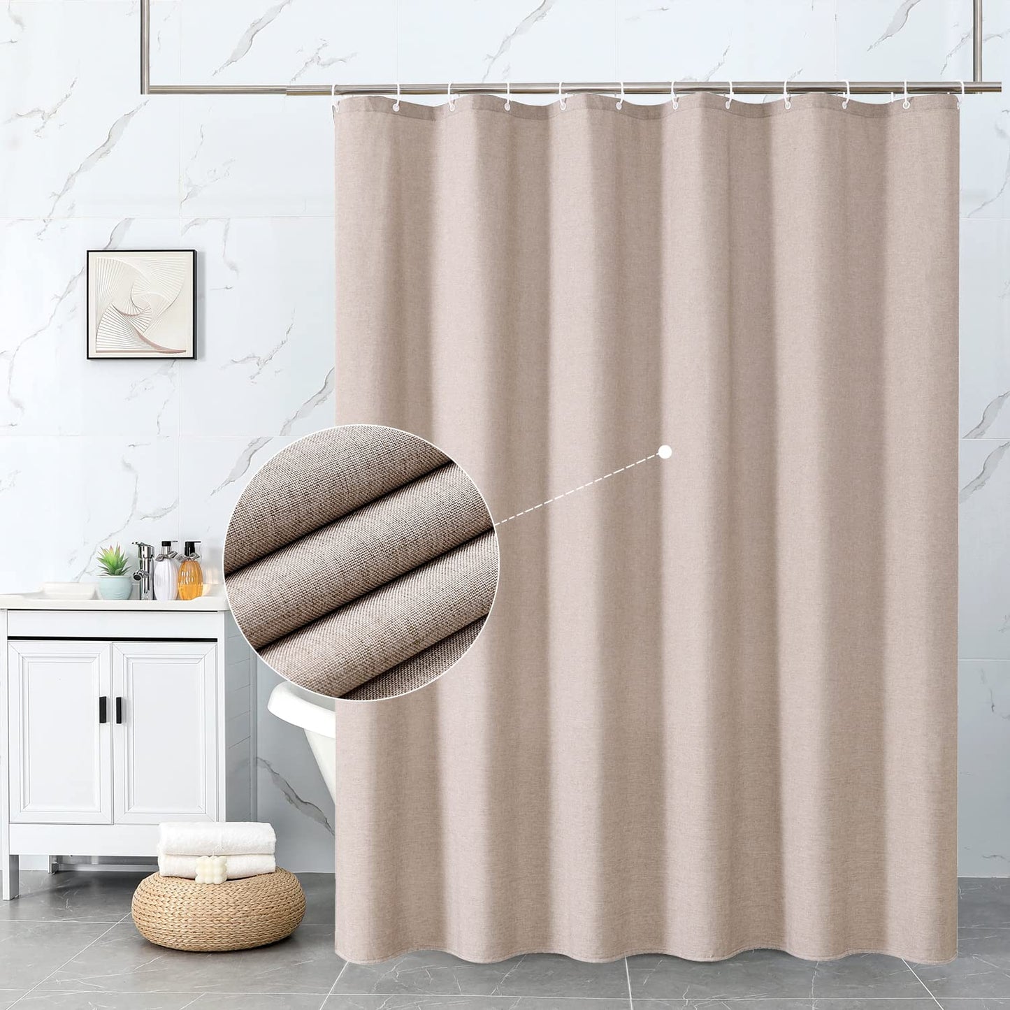 Krismile Linen Eyelet Shower Curtains Mildew Resistant Waterproof Washable, Weighted Hem Bathroom Shower Curtain with 12 White Bath curtain Hooks