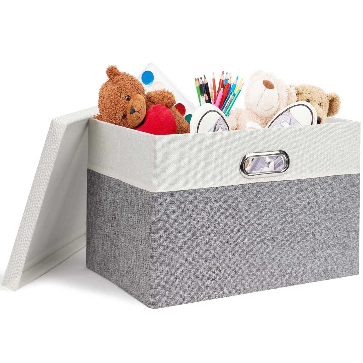 Febzoce Storage Boxes with Lids, Storage Baskets for Shelves Foldable Fabric Storage Bins Organizer for Home and Office Light Grey and White Medium