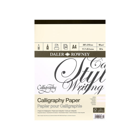 Daler-Rowney Calligraphy Drawing 90gsm Parchment Texture A4 Paper Pad, Glued 1 Side with 30 Sheets, 3 Assorted Colours, Ideal for Professional Artists