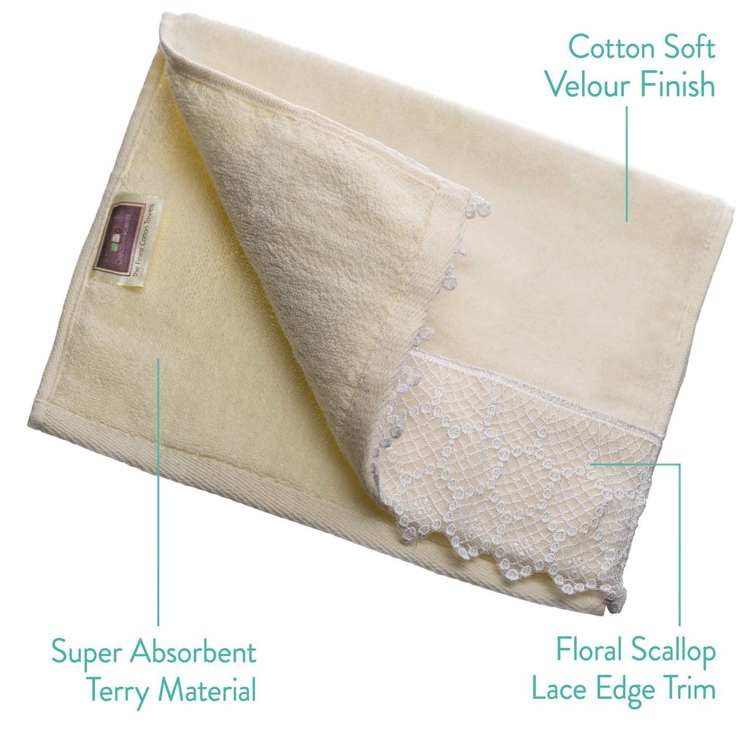 Creative Scents Extra-Absorbent Towels, 100% Cotton Velour Cream Towel, with Scallop Lace Trim - 4 Piece Towel Set, Fingertip Towel 11 by 18-Inch