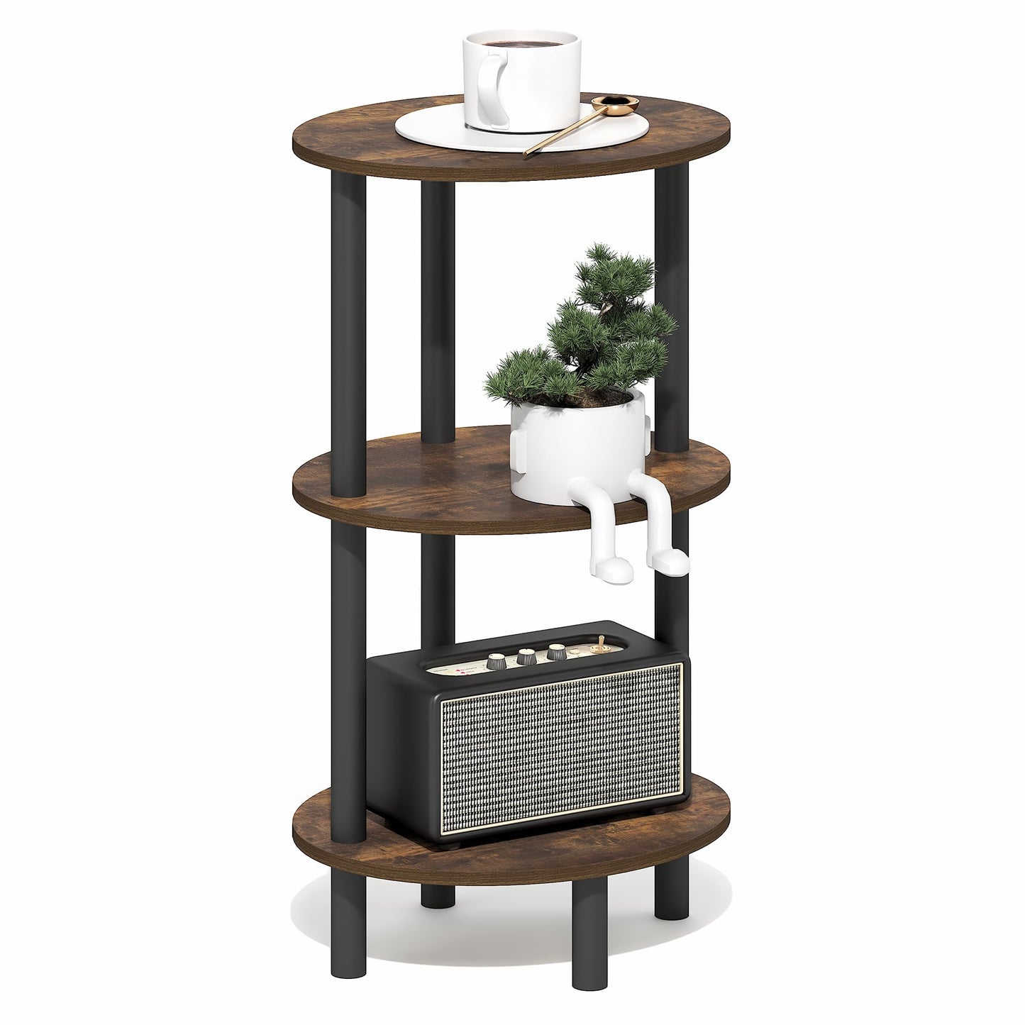 Furinno TURN-N-TUBE Side Table, 3-Tier Oval End Table, Night Stand, Bedside Table, for Living Room, Bedroom, Amber Pine/Black