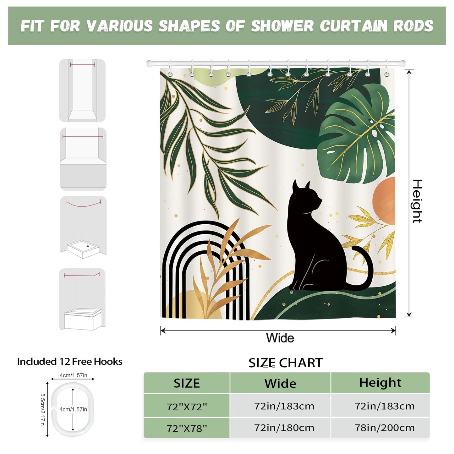 hometrixx Boho Black Cat Palm Leaf Sun Shower Curtain Green 72X72Inch