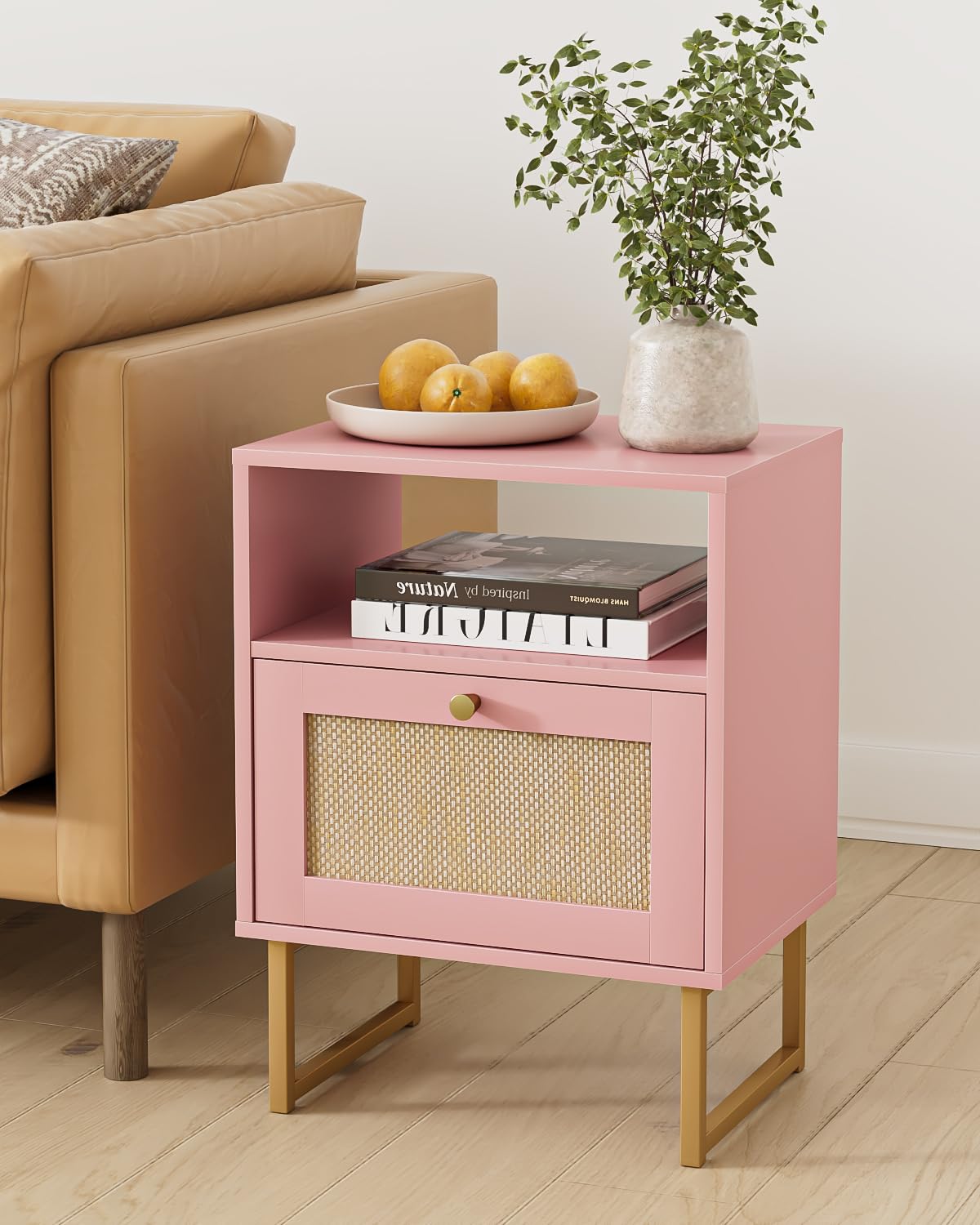 HEYZOEY Rattan Bedside Table,Modern Boho Farmhouse Wood Nightstand with Storage Drawer and Open Shelf,Small Gold Frame Side Table for Bedroom,Living