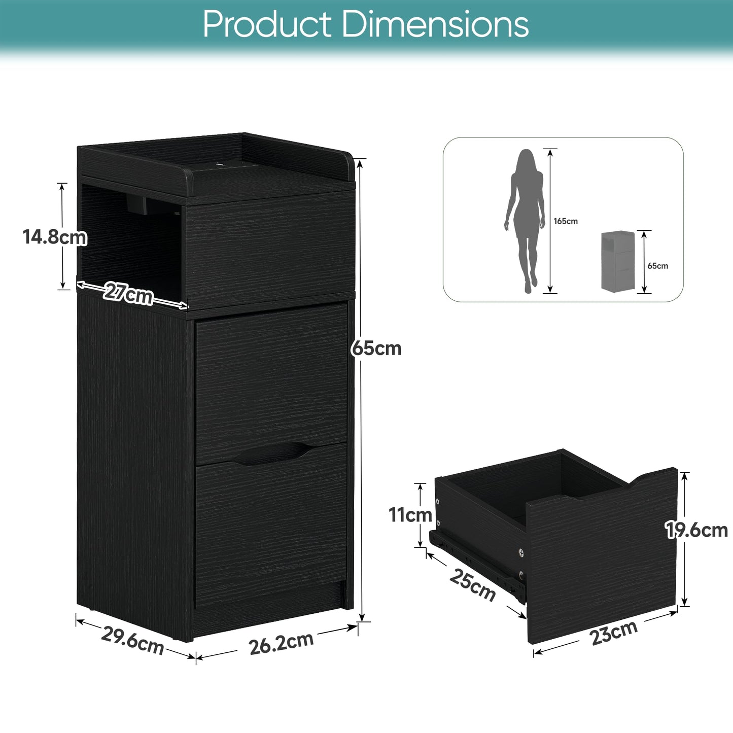 Quikraen 27cm Slim Bedside Table with Charging Station and Sensor LED Light