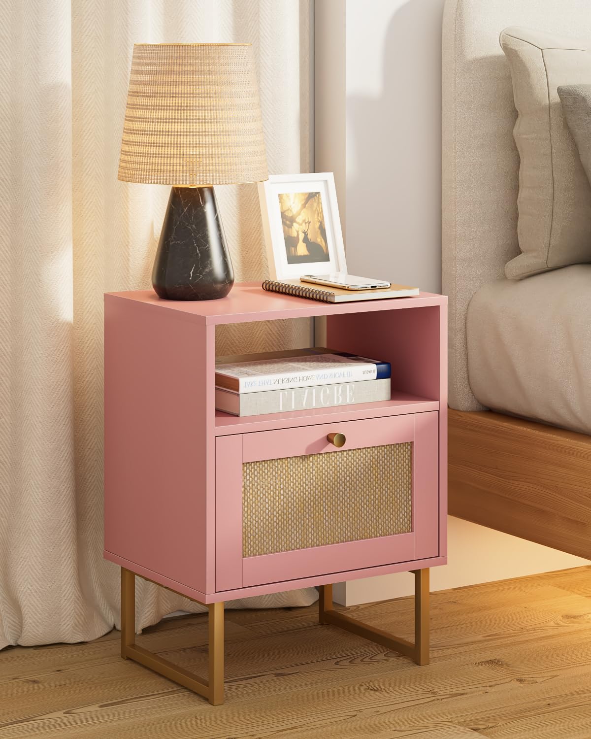 HEYZOEY Rattan Bedside Table,Modern Boho Farmhouse Wood Nightstand with Storage Drawer and Open Shelf,Small Gold Frame Side Table for Bedroom,Living
