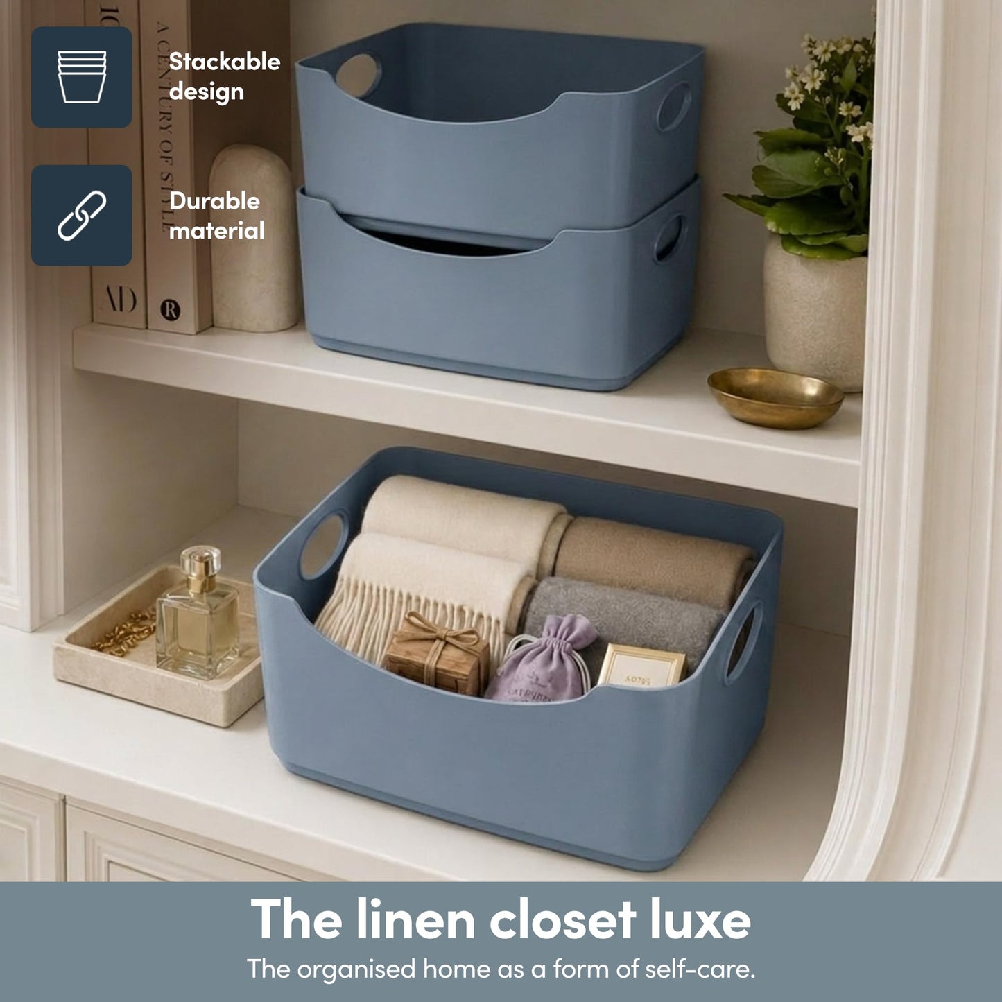 KEPLIN 5 Pack Plastic Storage Baskets with Handles, BPA-Free Dishwasher Safe Organiser Boxes for Kitchen, Bathroom, Pantry, Shelves & Drawers