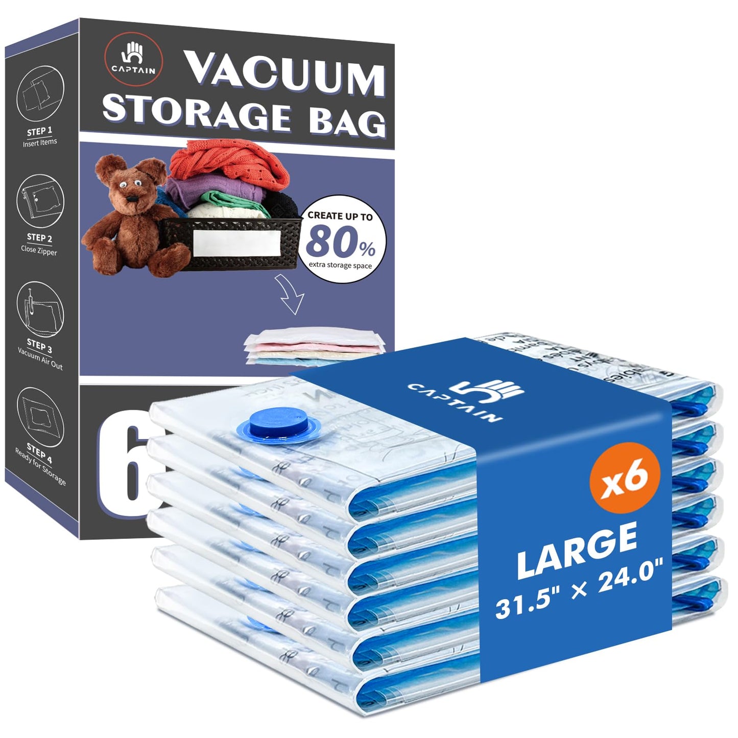 CaptainFive Vacuum Storage Bags Large 6 Packs(31.5'' x 24'), Vacuum Pack Bags for Clothes, Pillows, Comforters, Duvets