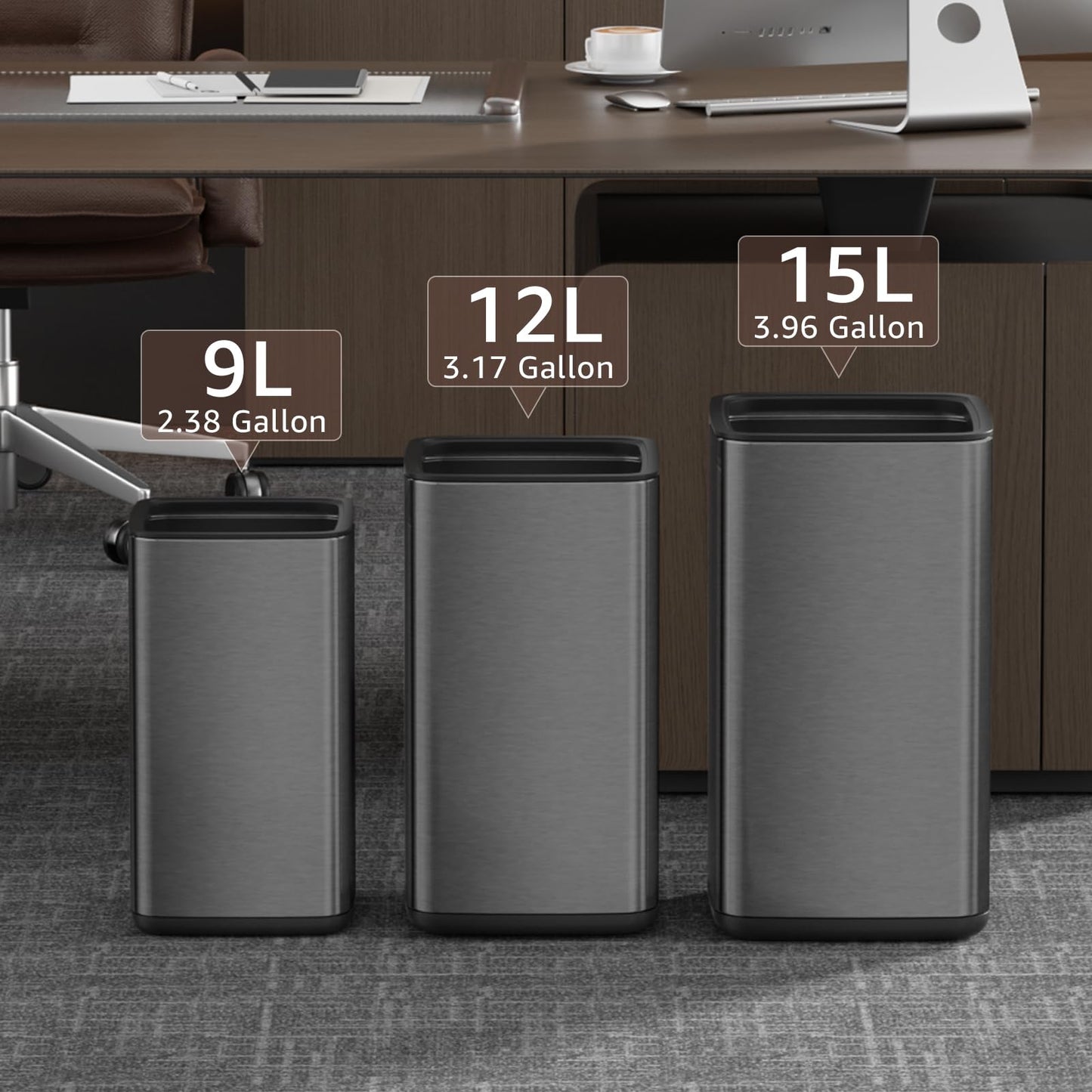 Mbillion Open Top Trash Can, Stainless Steel Waste Bin with Removable Inner Basket， Small Metal Garbage Basket for Modern Bathroom, Office (Black, 9L)