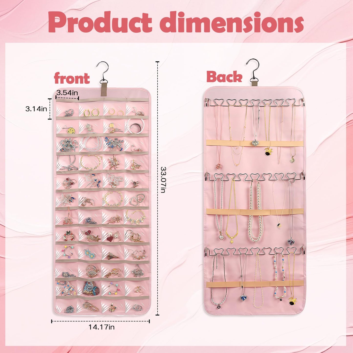 Jewelry Organizer Hanging, Dual-sided Hanging Jewelry Organizer Holder with Metal Hooks, 36 Pockets 3 Wave-Shaped Hooks