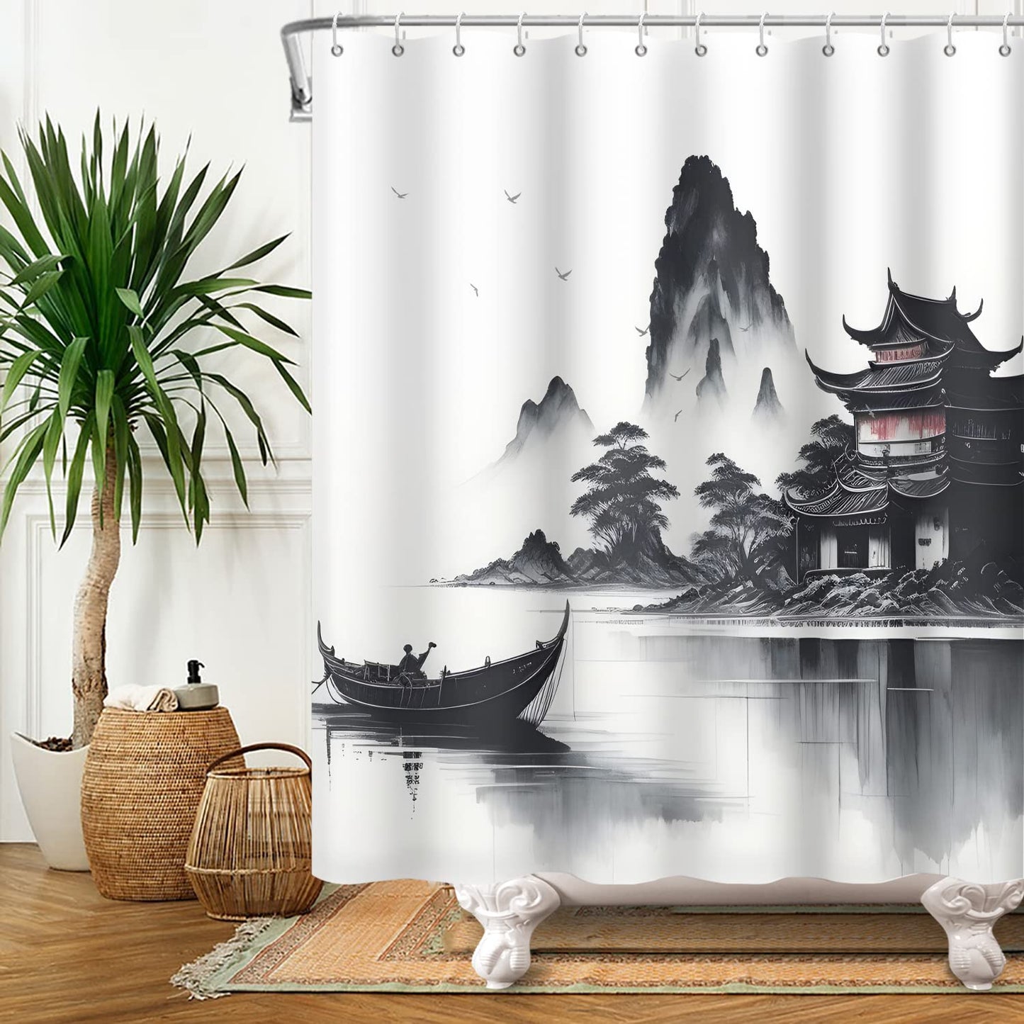 SDOTPMT 180x180cm Japanese Asian Ink Painting Shower Curtain Foggy Mountain Boat Wild Goose Bathtub Curtain Outdoor Natural Scenery Bath Curtain for