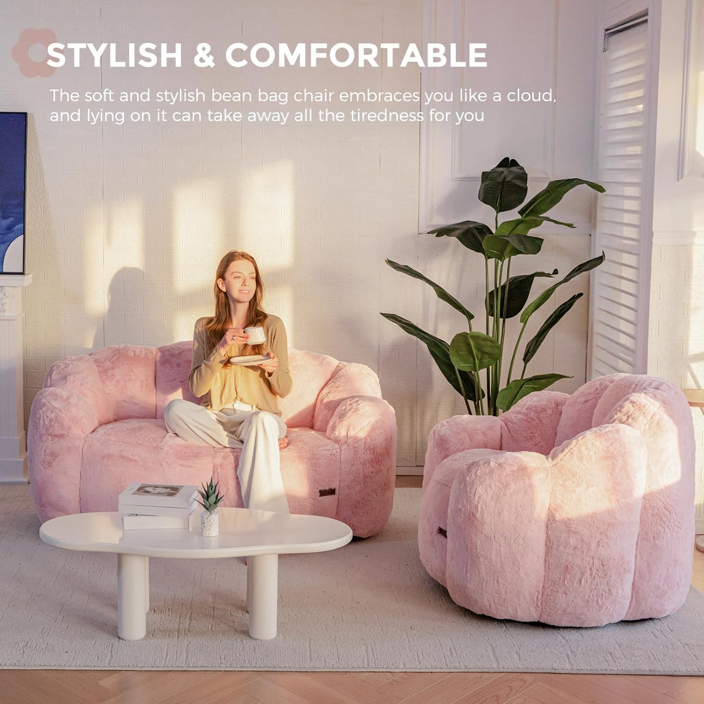 MAXYOYO Floral Shaped Bean Bag Includes Filling, Loveseat Sofa, Faux Fur