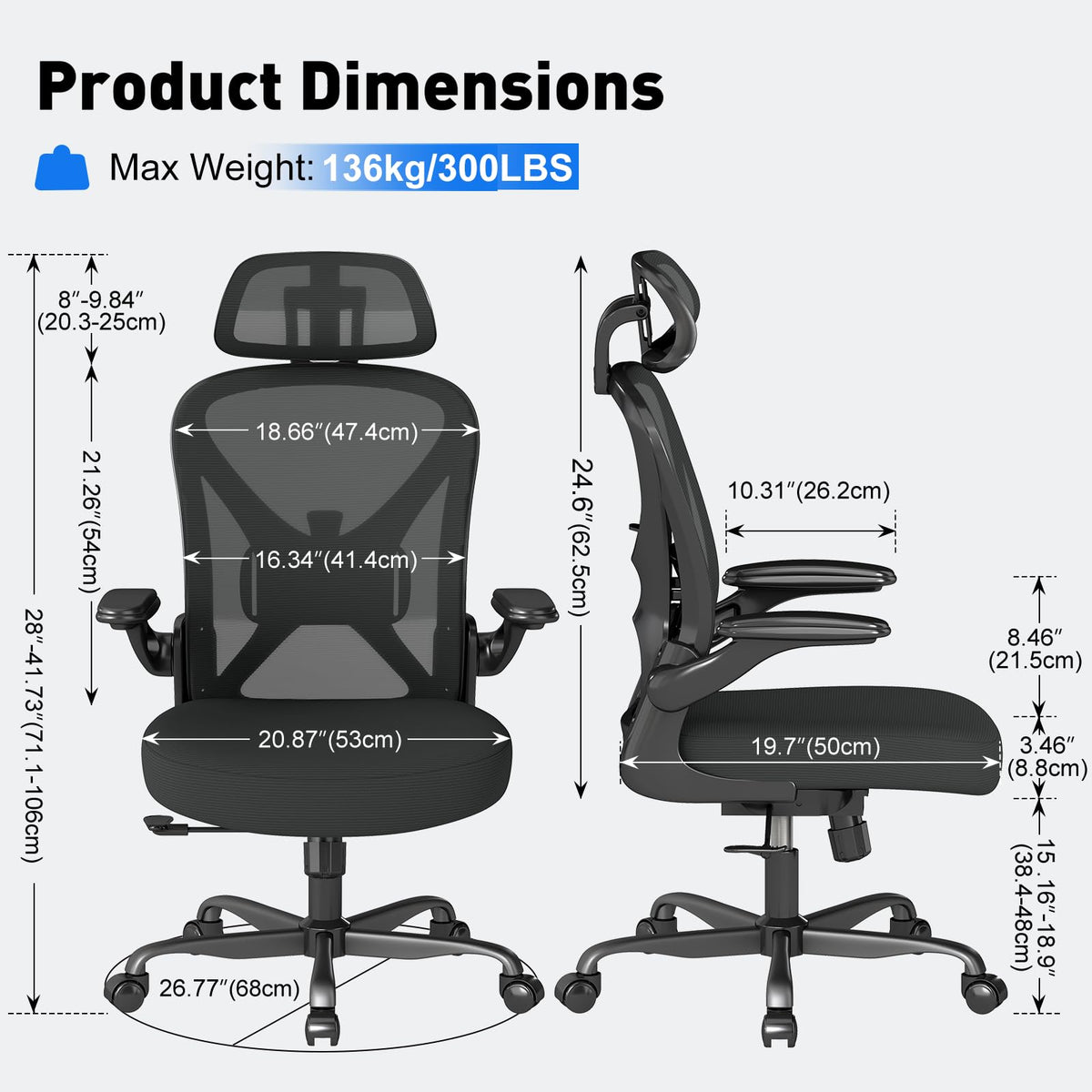 Keratee Ergonomic Office Chair with Adjustable Lumbar Support and Headrest, 136 KG Swivel Desk Chair with Flip-Up Arms