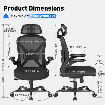 Keratee Ergonomic Office Chair with Adjustable Lumbar Support and Headrest, 136 KG Swivel Desk Chair with Flip-Up Arms