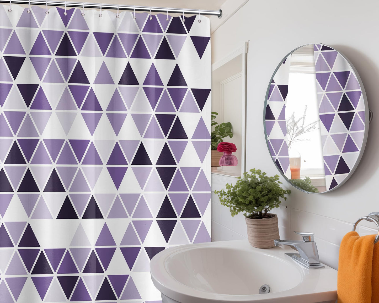 LanZanthic Purple and White Lavender Shower Curtains for Bathroom Mosaic Geometric Modern Abstract Wet Room Shower Curtain with hooks
