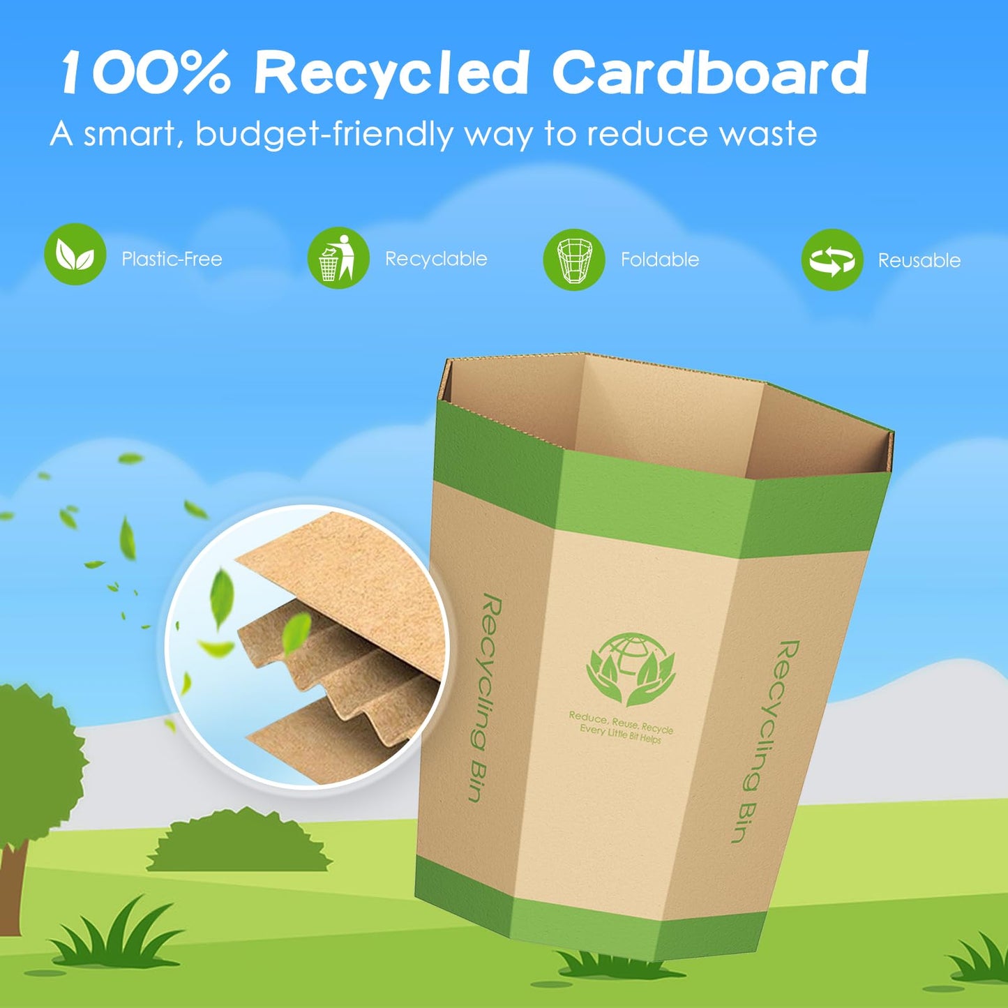 6-Pack Cardboard Waste Paper Bin – Foldable, Recyclable, Plastic-Free & Reusable Trash Can - Small Rubbish Bin - Waste Basket Perfect for Office