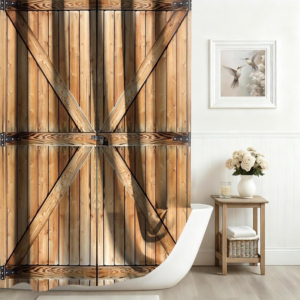 Xiaoterna Rustic Shower Curtain Retro Brown Wooden Door Waterproof Bathroom Curtain Western Country Harvest Farm Barn Machine Washable Mildew